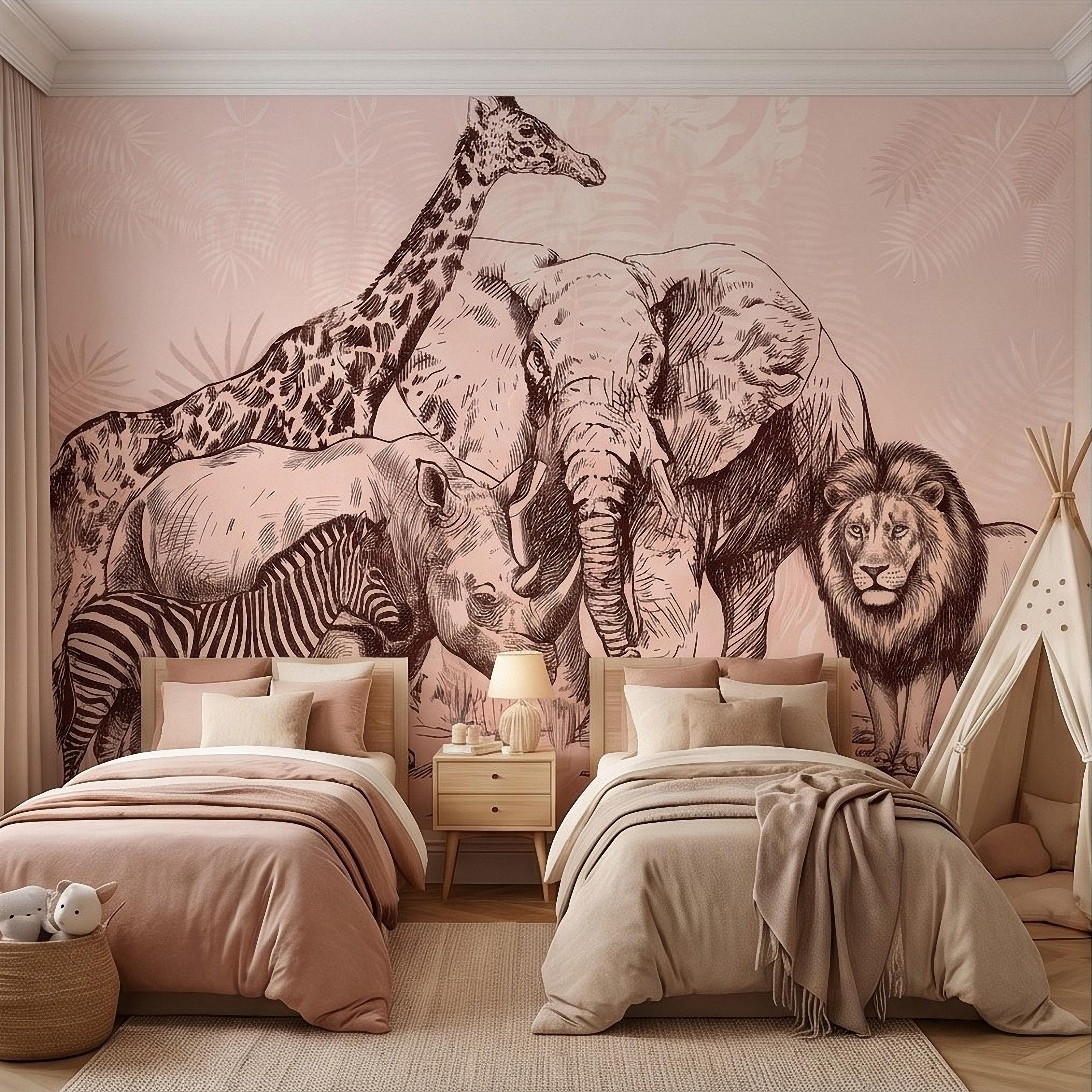 Vintage Safari Peel and Stick Wall Mural, Detailed Wildlife Engraving with Elephant Lion Giraffe Zebra, Blush Pink Botanical Wallpaper