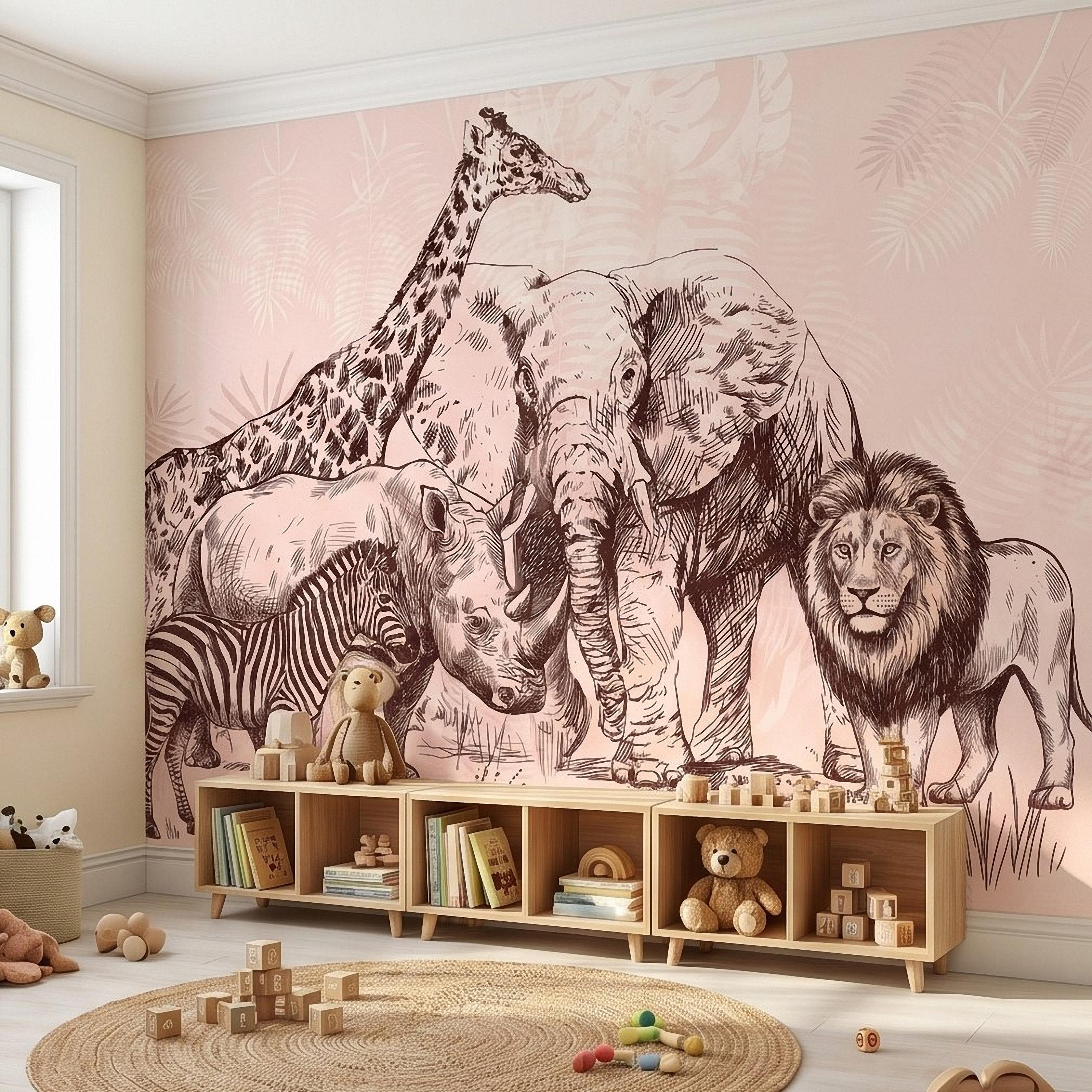 Vintage Safari Peel and Stick Wall Mural, Detailed Wildlife Engraving with Elephant Lion Giraffe Zebra, Blush Pink Botanical Wallpaper