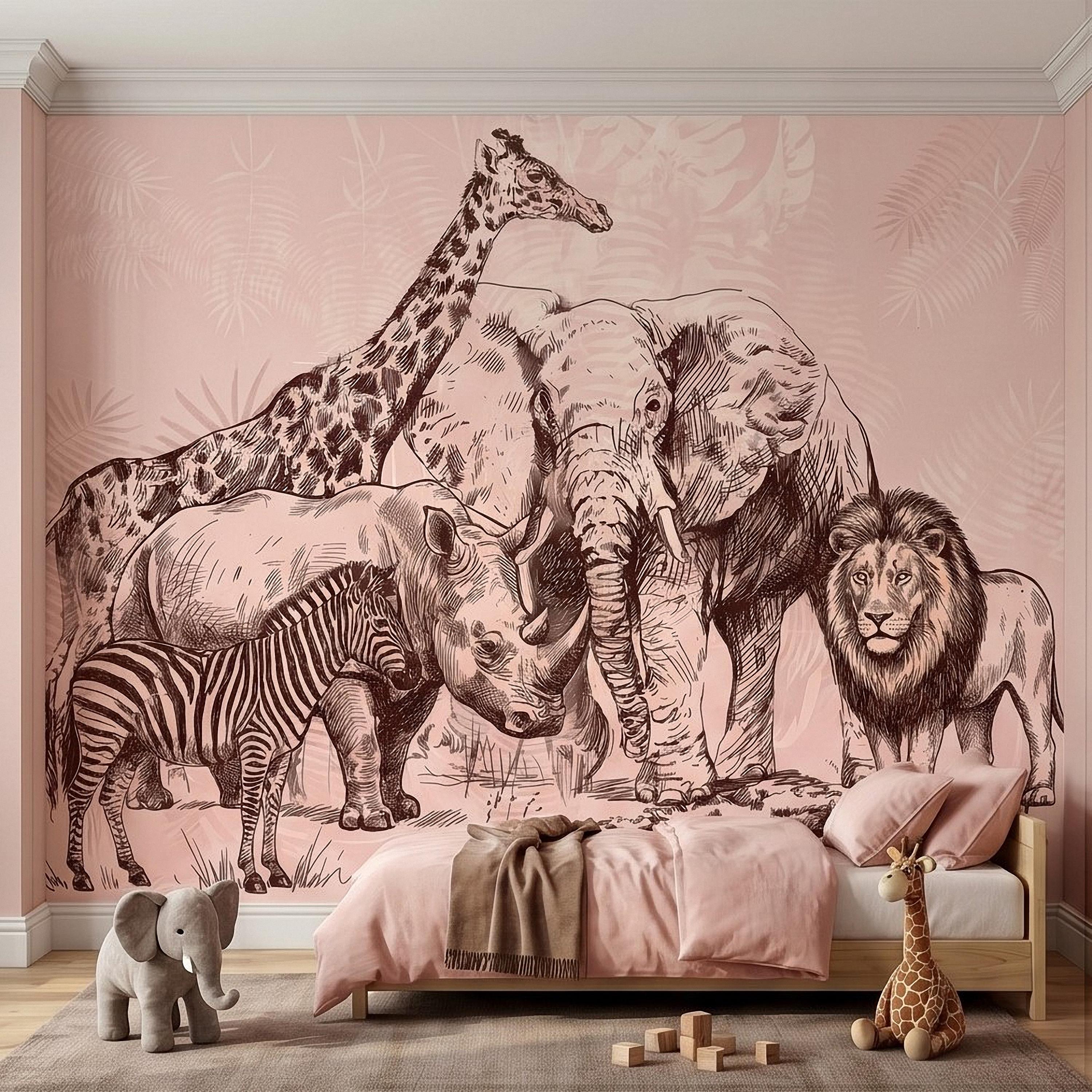 Vintage Safari Peel and Stick Wall Mural, Detailed Wildlife Engraving with Elephant Lion Giraffe Zebra, Blush Pink Botanical Wallpaper
