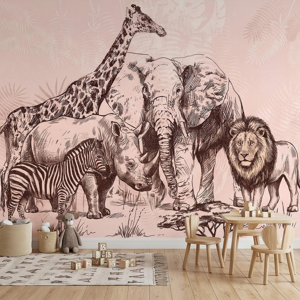 Vintage Safari Peel and Stick Wall Mural, Detailed Wildlife Engraving with Elephant Lion Giraffe Zebra, Blush Pink Botanical Wallpaper