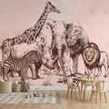Vintage Safari Peel and Stick Wall Mural, Detailed Wildlife Engraving with Elephant Lion Giraffe Zebra, Blush Pink Botanical Wallpaper