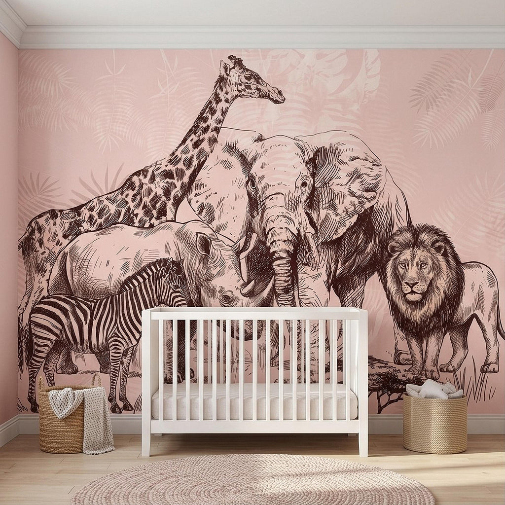 Vintage Safari Peel and Stick Wall Mural, Detailed Wildlife Engraving with Elephant Lion Giraffe Zebra, Blush Pink Botanical Wallpaper