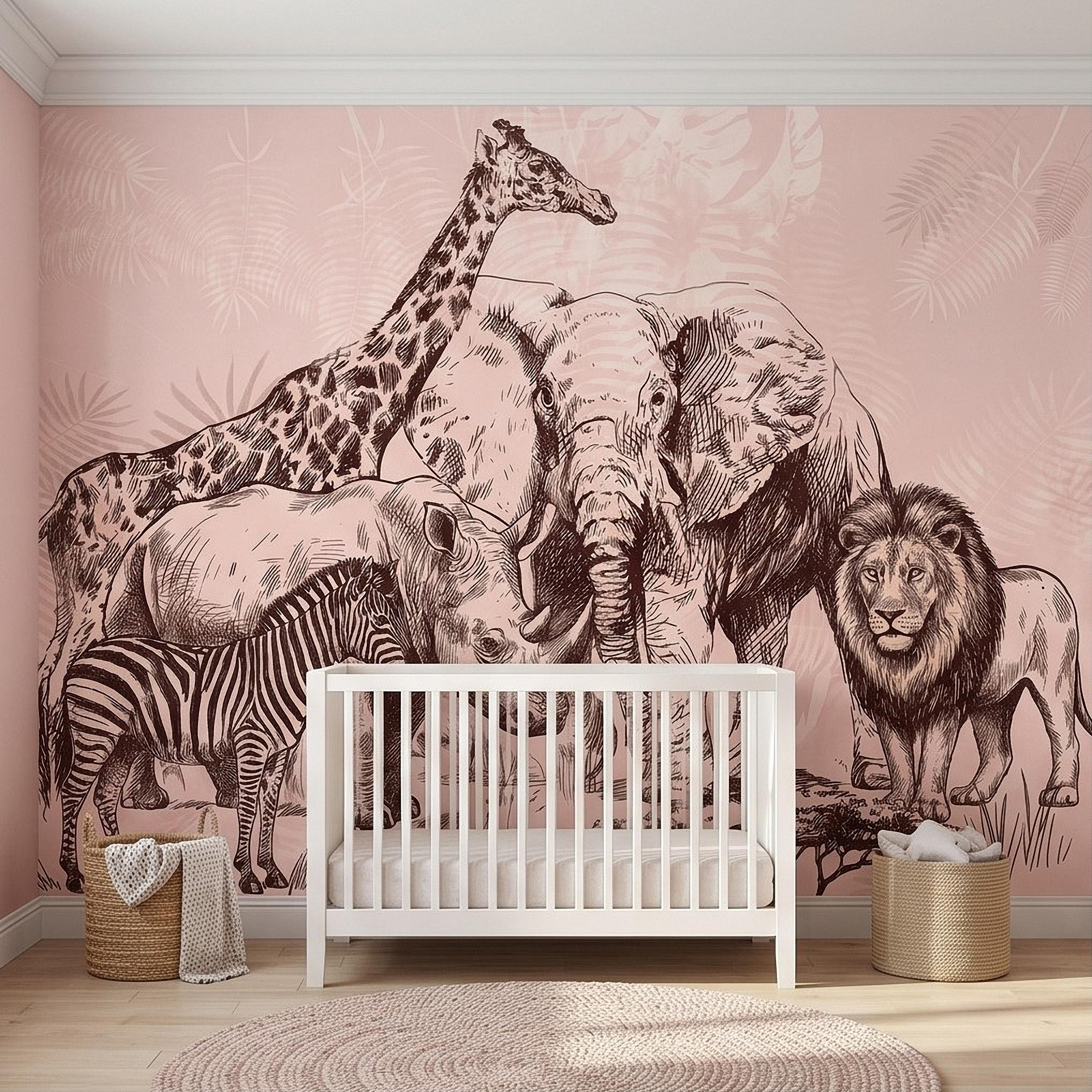 Vintage Safari Peel and Stick Wall Mural, Detailed Wildlife Engraving with Elephant Lion Giraffe Zebra, Blush Pink Botanical Wallpaper