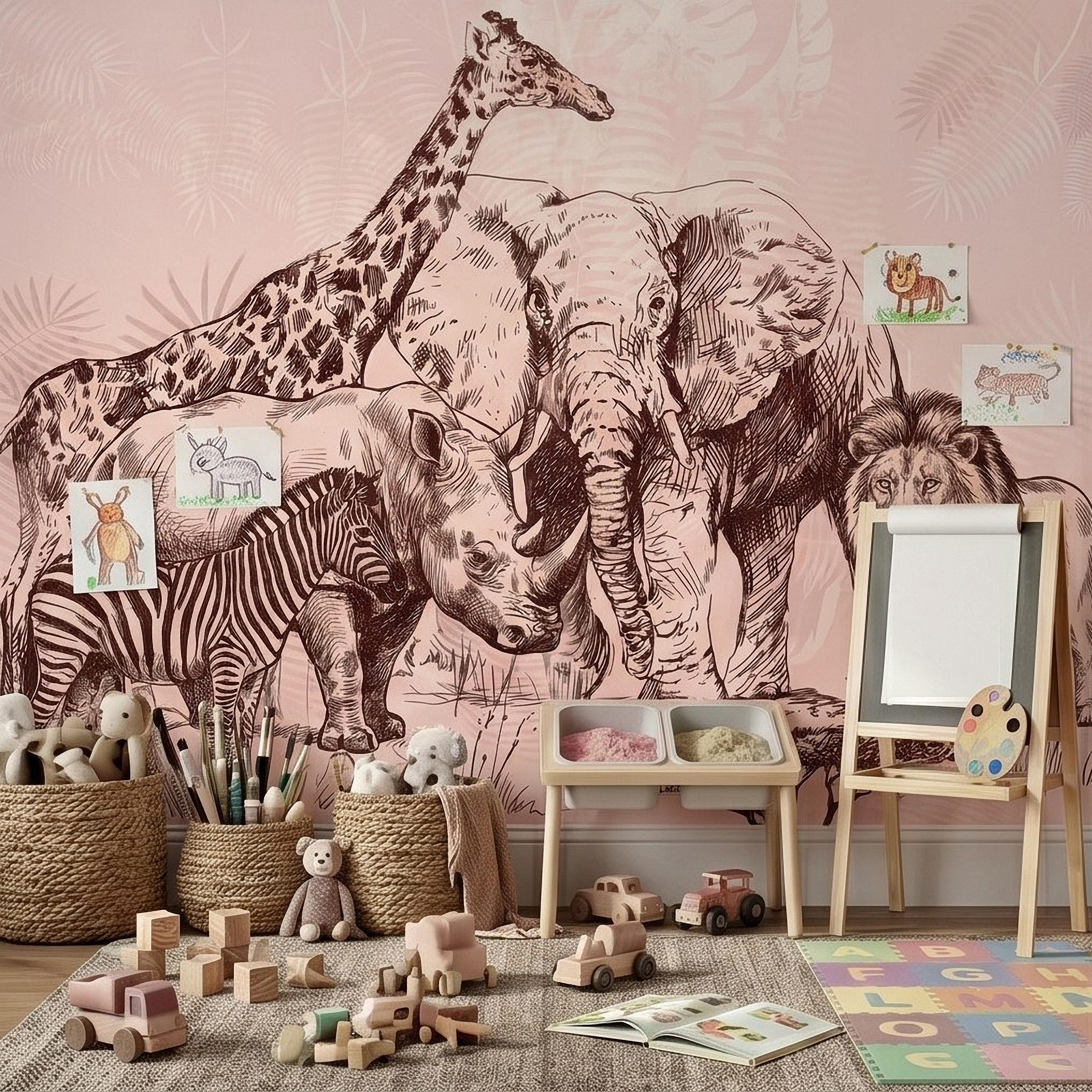 Vintage Safari Peel and Stick Wall Mural, Detailed Wildlife Engraving with Elephant Lion Giraffe Zebra, Blush Pink Botanical Wallpaper