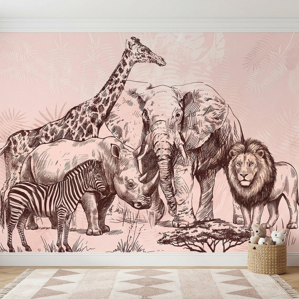 Vintage Safari Peel and Stick Wall Mural, Detailed Wildlife Engraving with Elephant Lion Giraffe Zebra, Blush Pink Botanical Wallpaper