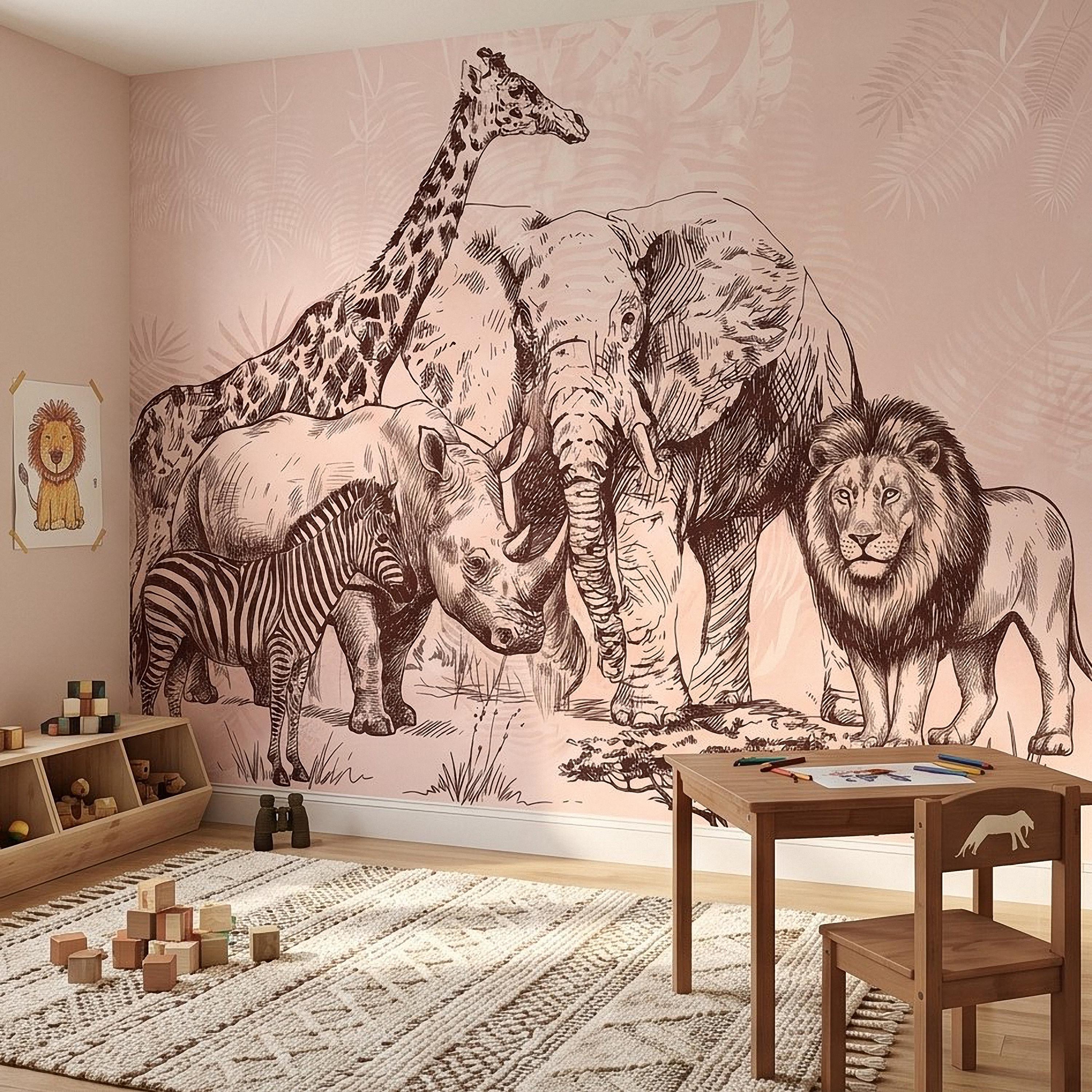 Vintage Safari Peel and Stick Wall Mural, Detailed Wildlife Engraving with Elephant Lion Giraffe Zebra, Blush Pink Botanical Wallpaper