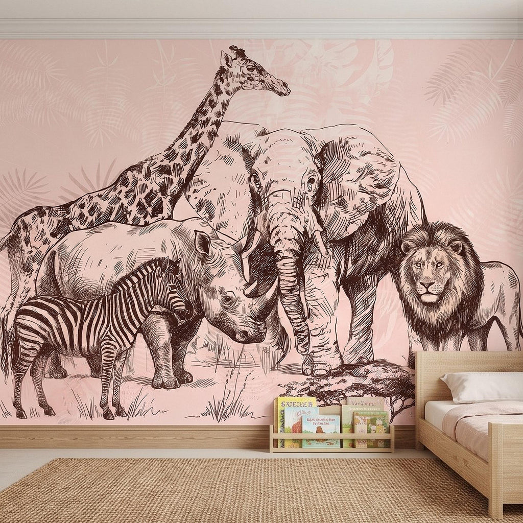 Vintage Safari Peel and Stick Wall Mural, Detailed Wildlife Engraving with Elephant Lion Giraffe Zebra, Blush Pink Botanical Wallpaper