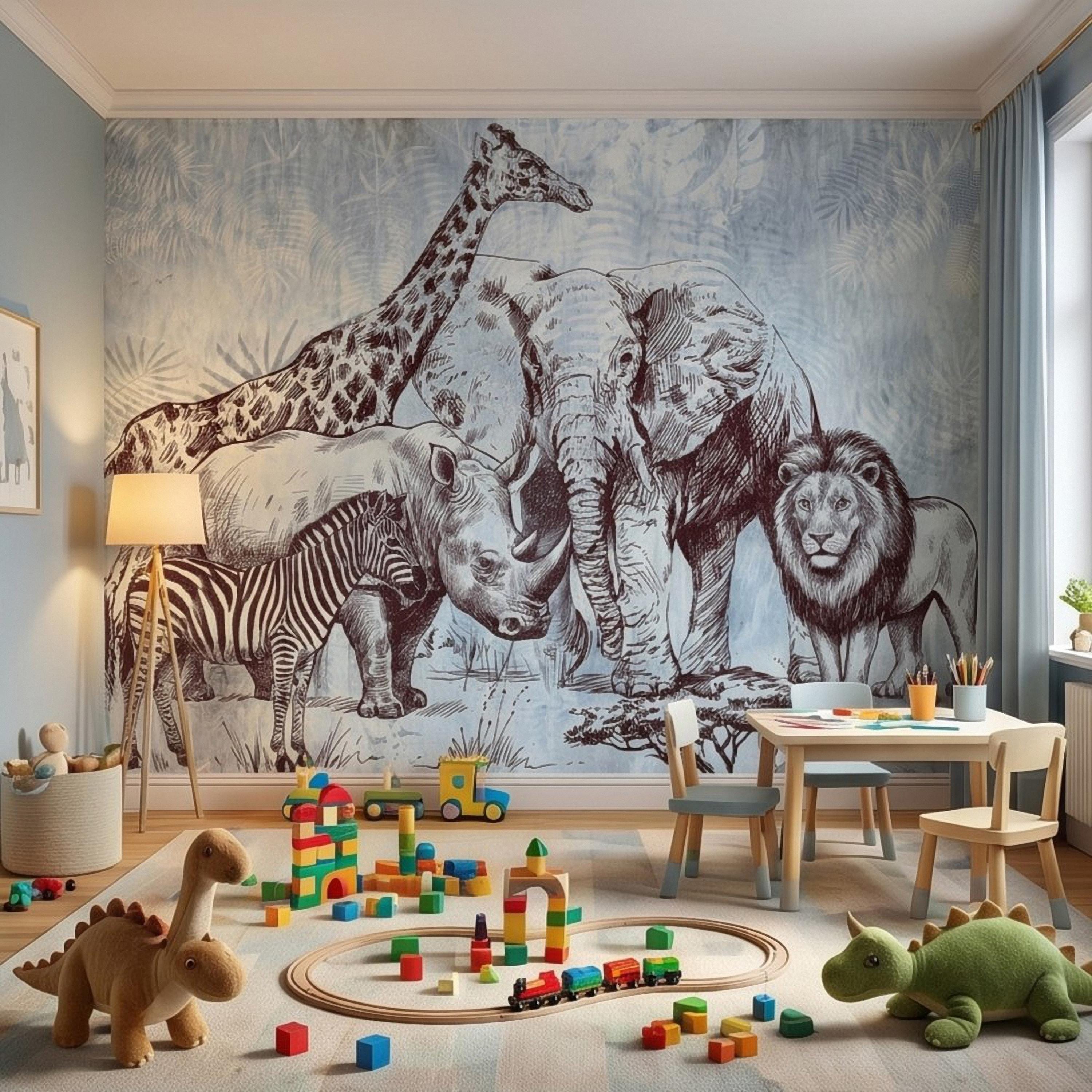 Vintage Safari Peel and Stick Wall Mural, Elephant Lion Giraffe Zebra Engraving, Blue Botanical Wildlife Wallpaper