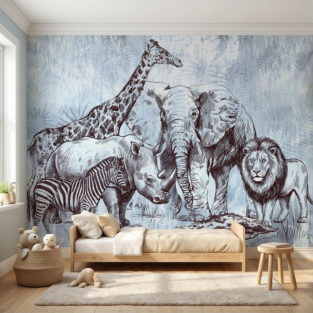 Vintage Safari Peel and Stick Wall Mural, Elephant Lion Giraffe Zebra Engraving, Blue Botanical Wildlife Wallpaper