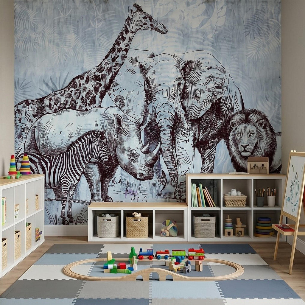 Vintage Safari Peel and Stick Wall Mural, Elephant Lion Giraffe Zebra Engraving, Blue Botanical Wildlife Wallpaper