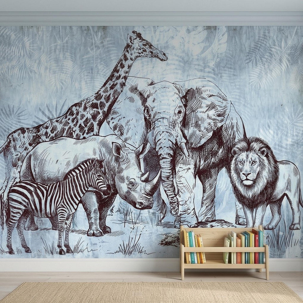 Vintage Safari Peel and Stick Wall Mural, Elephant Lion Giraffe Zebra Engraving, Blue Botanical Wildlife Wallpaper