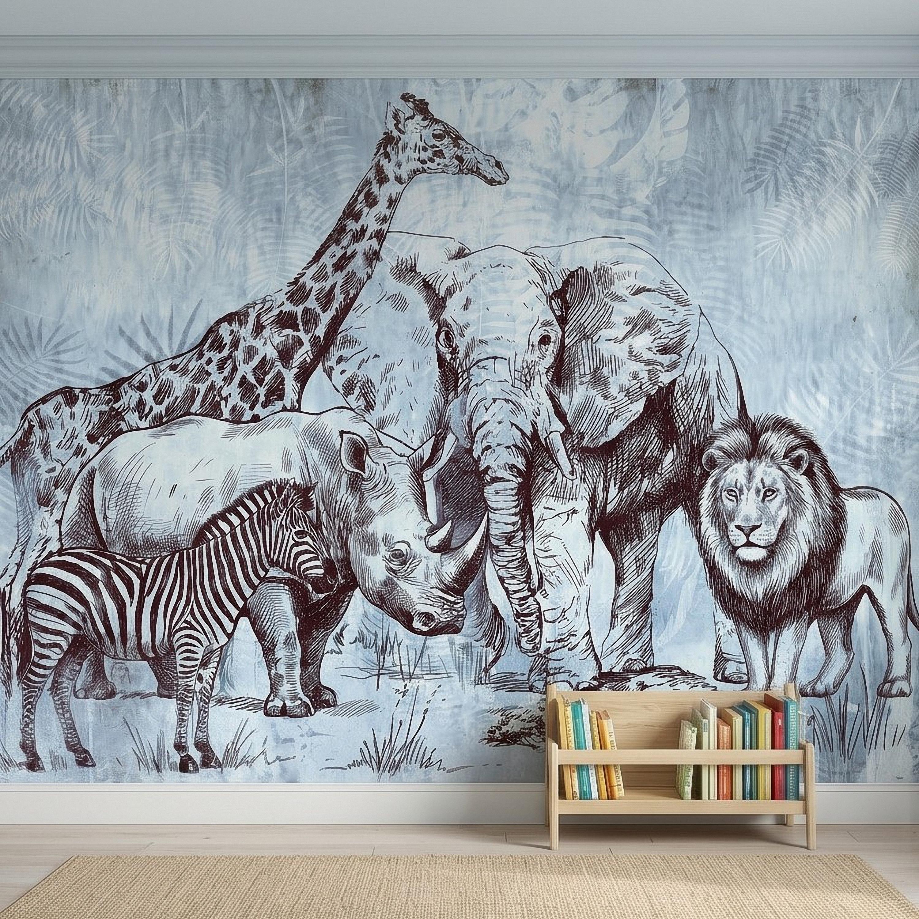 Vintage Safari Peel and Stick Wall Mural, Elephant Lion Giraffe Zebra Engraving, Blue Botanical Wildlife Wallpaper