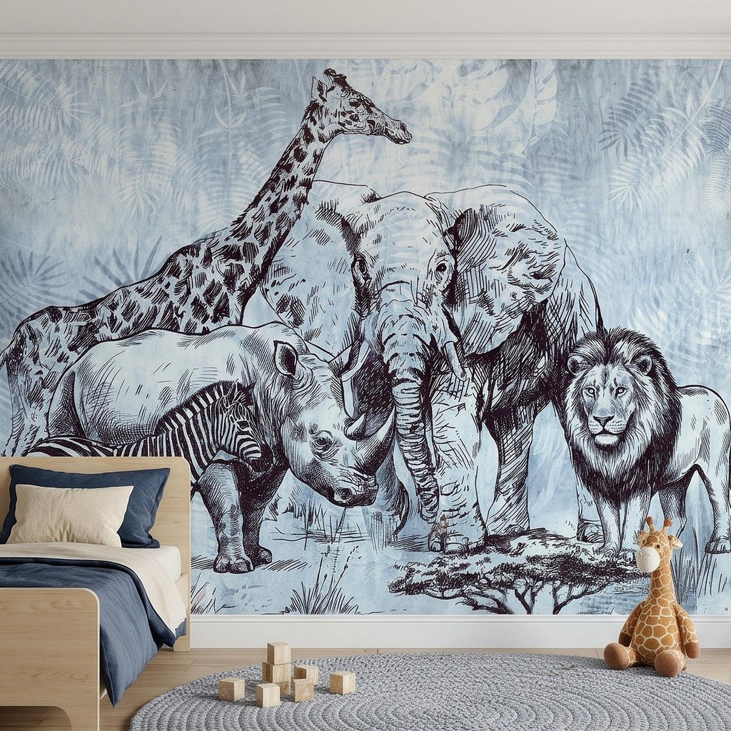 Vintage Safari Peel and Stick Wall Mural, Elephant Lion Giraffe Zebra Engraving, Blue Botanical Wildlife Wallpaper