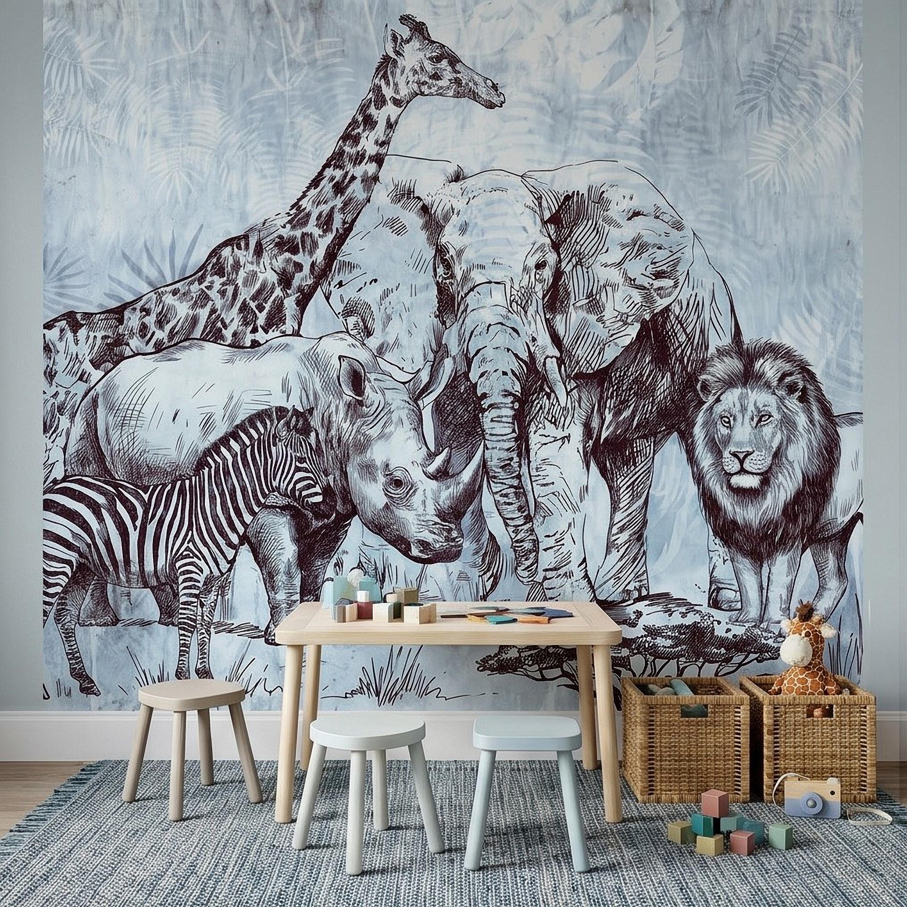 Vintage Safari Peel and Stick Wall Mural, Elephant Lion Giraffe Zebra Engraving, Blue Botanical Wildlife Wallpaper