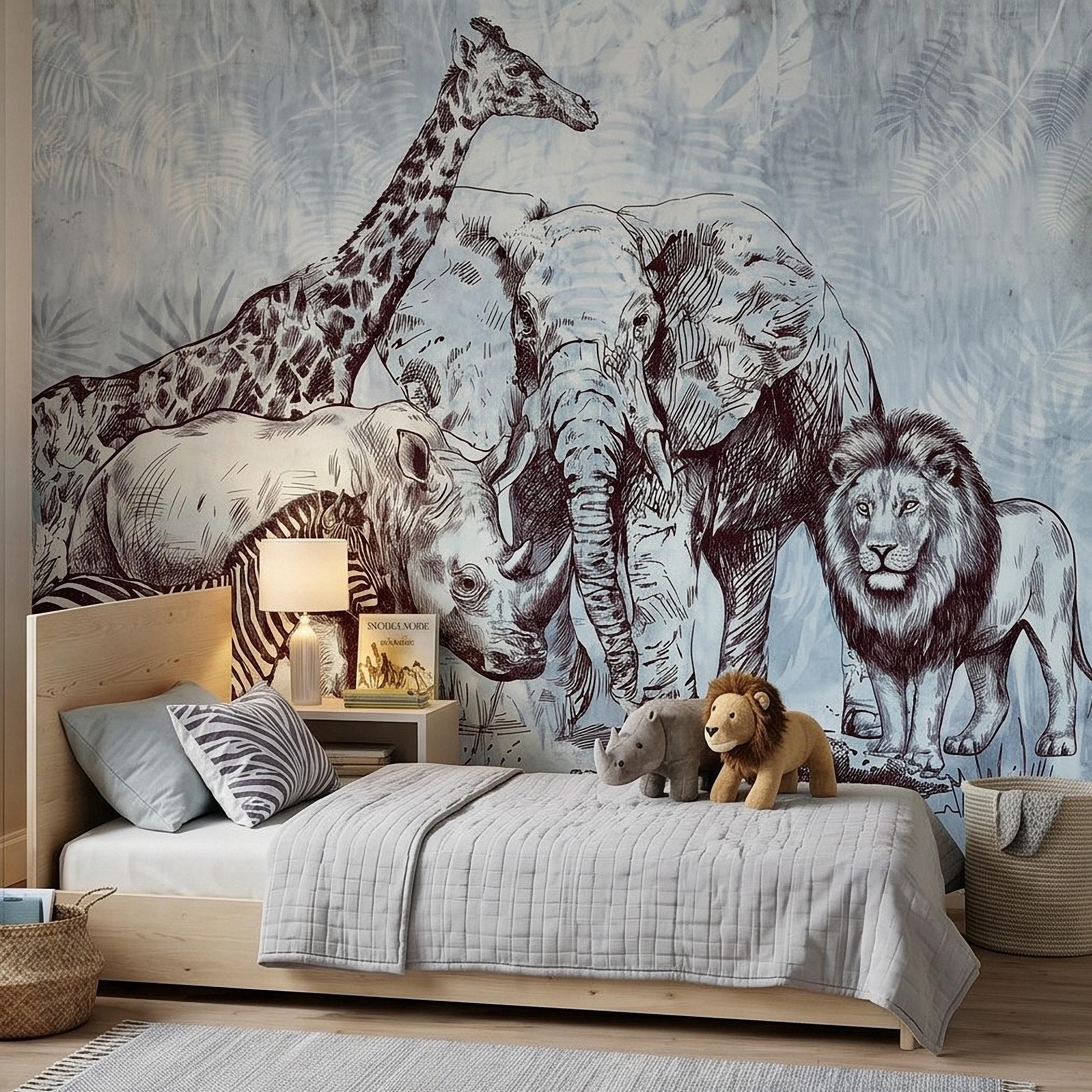 Vintage Safari Peel and Stick Wall Mural, Elephant Lion Giraffe Zebra Engraving, Blue Botanical Wildlife Wallpaper