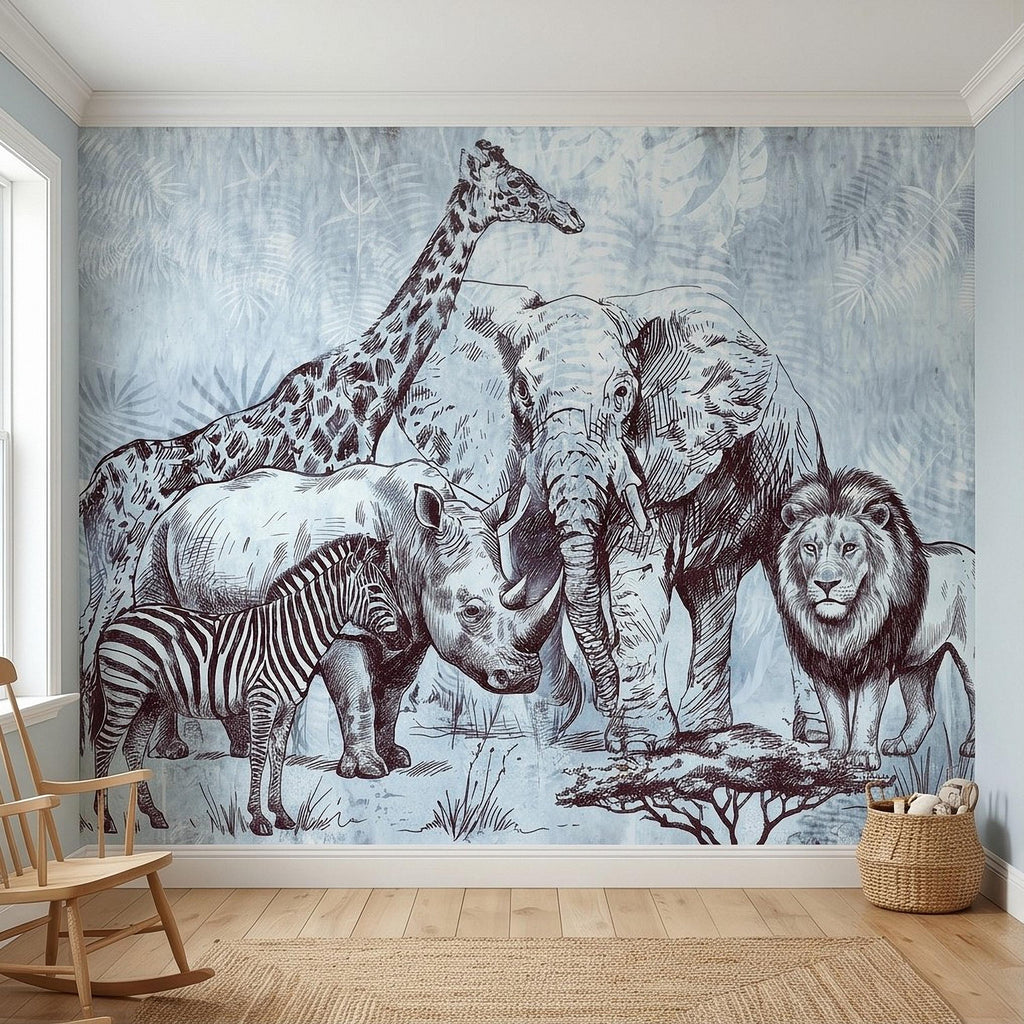 Vintage Safari Peel and Stick Wall Mural, Elephant Lion Giraffe Zebra Engraving, Blue Botanical Wildlife Wallpaper