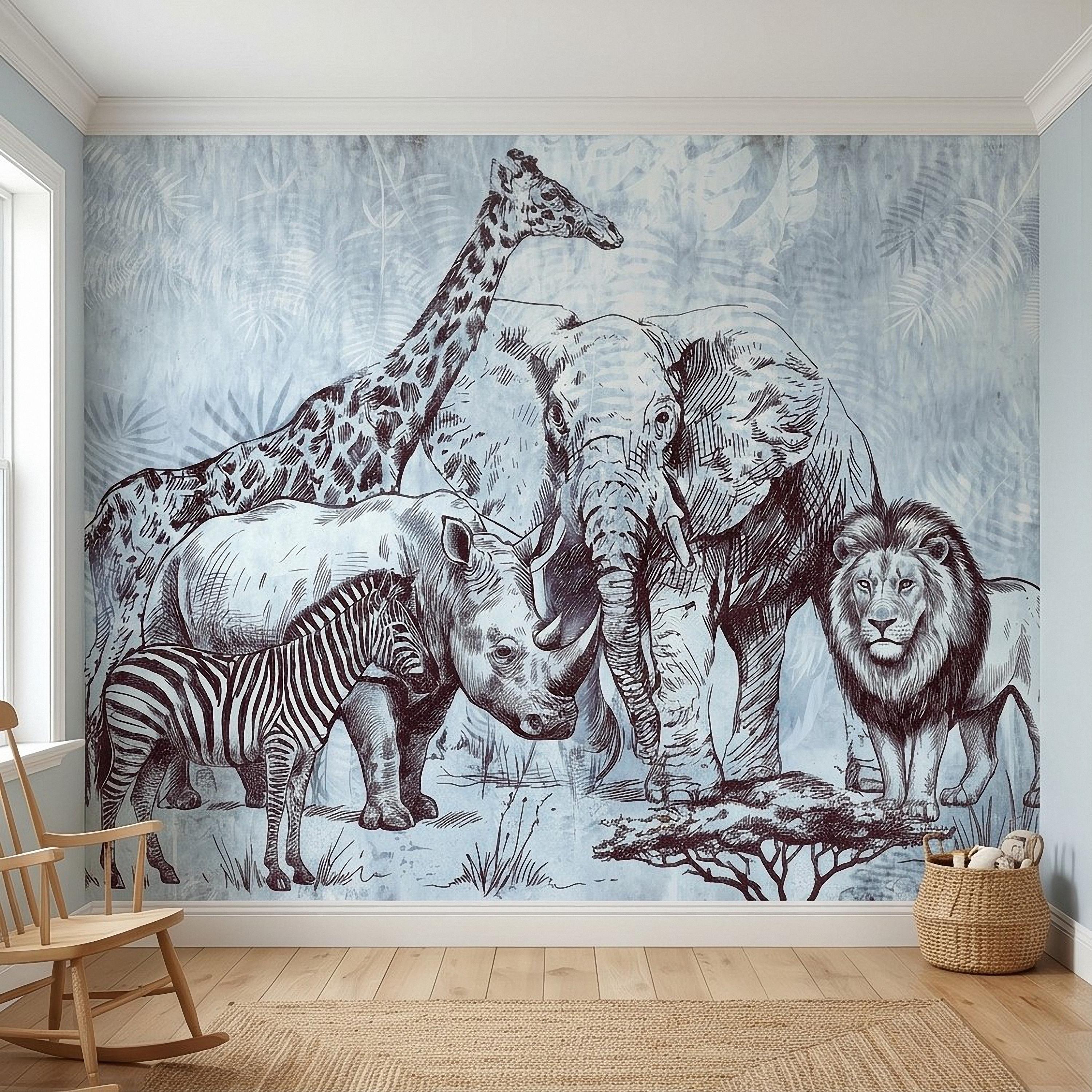 Vintage Safari Peel and Stick Wall Mural, Elephant Lion Giraffe Zebra Engraving, Blue Botanical Wildlife Wallpaper