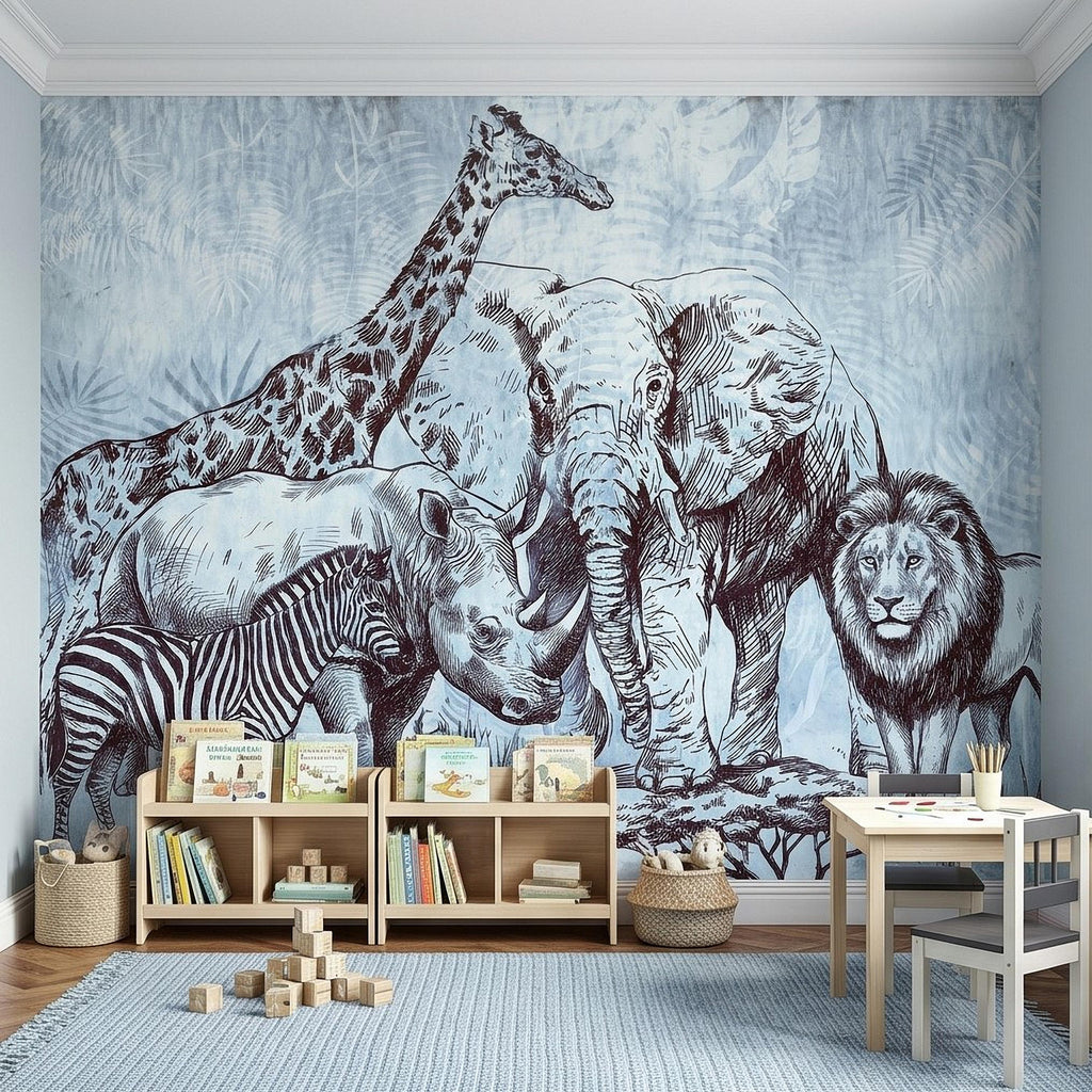 Vintage Safari Peel and Stick Wall Mural, Elephant Lion Giraffe Zebra Engraving, Blue Botanical Wildlife Wallpaper