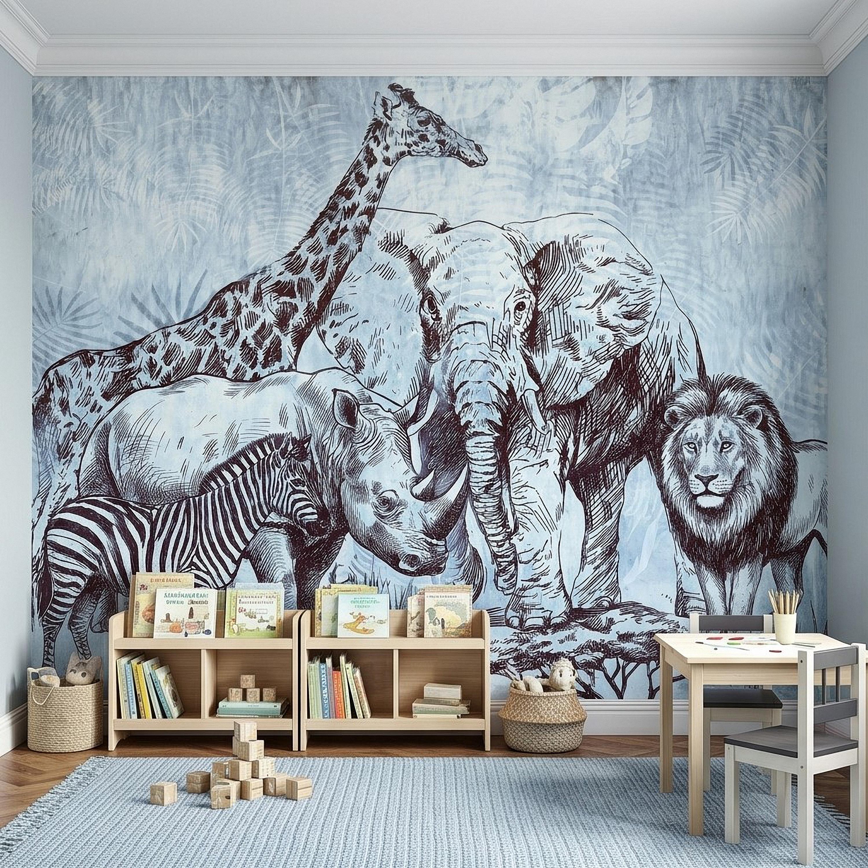 Vintage Safari Peel and Stick Wall Mural, Elephant Lion Giraffe Zebra Engraving, Blue Botanical Wildlife Wallpaper