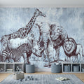 Vintage Safari Peel and Stick Wall Mural, Elephant Lion Giraffe Zebra Engraving, Blue Botanical Wildlife Wallpaper