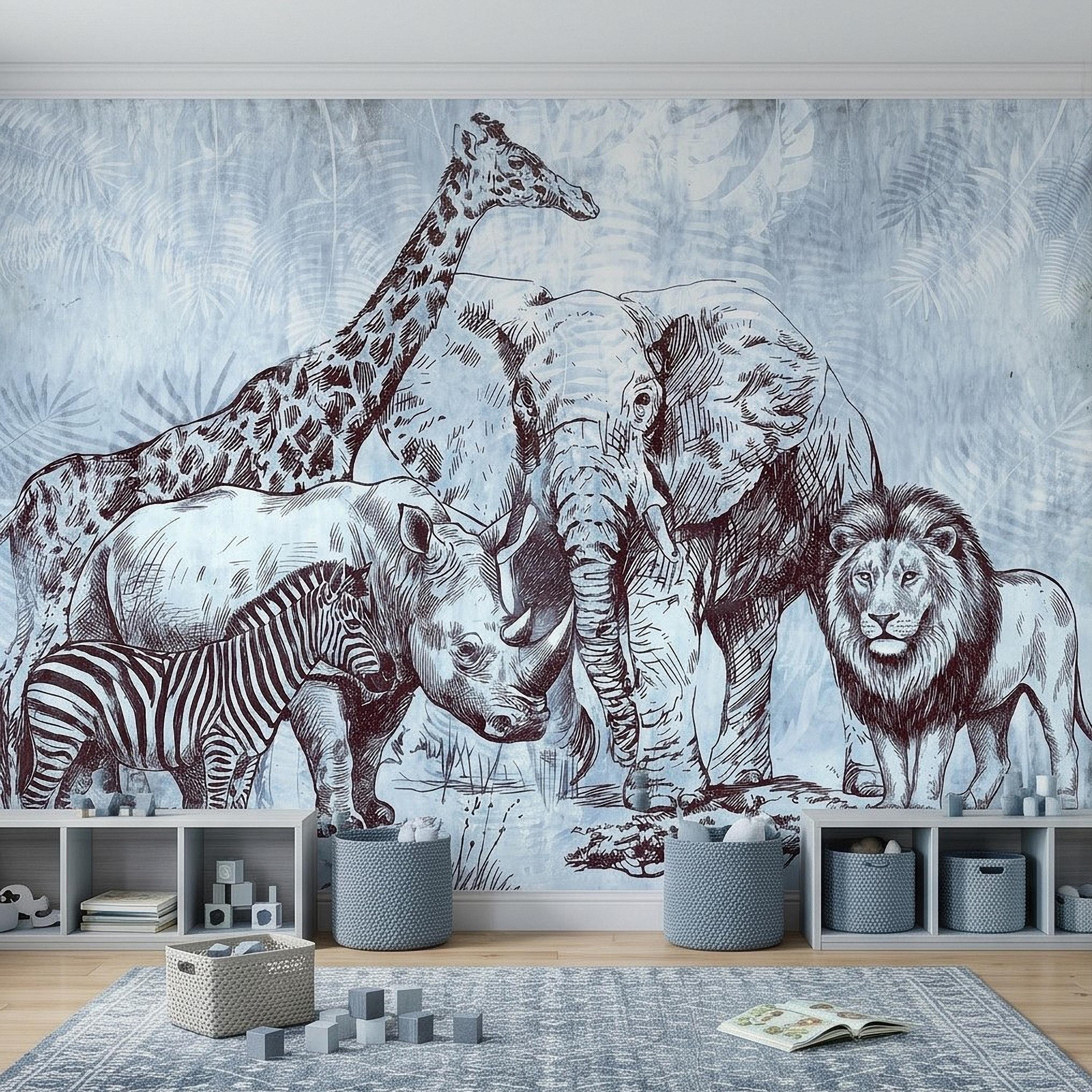 Vintage Safari Peel and Stick Wall Mural, Elephant Lion Giraffe Zebra Engraving, Blue Botanical Wildlife Wallpaper