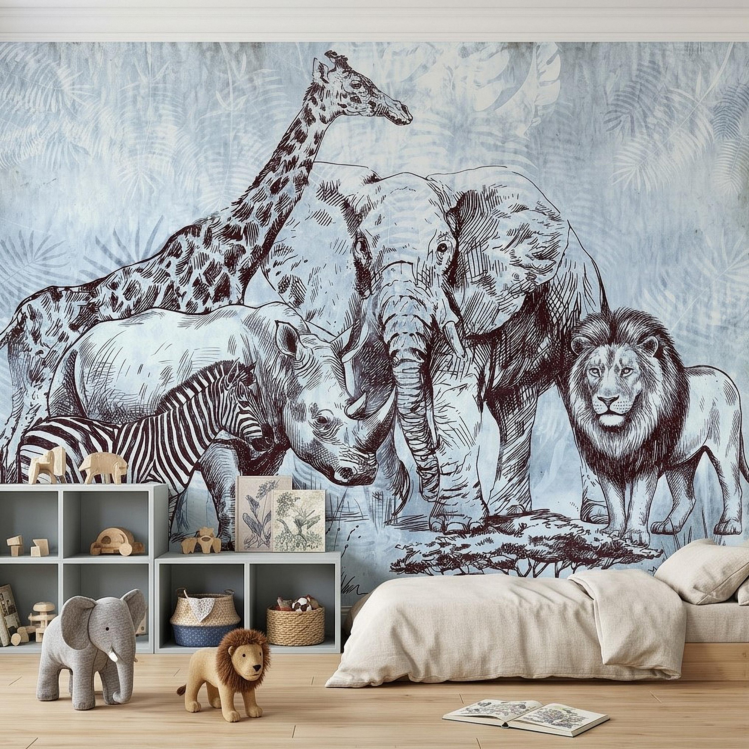 Vintage Safari Peel and Stick Wall Mural, Elephant Lion Giraffe Zebra Engraving, Blue Botanical Wildlife Wallpaper