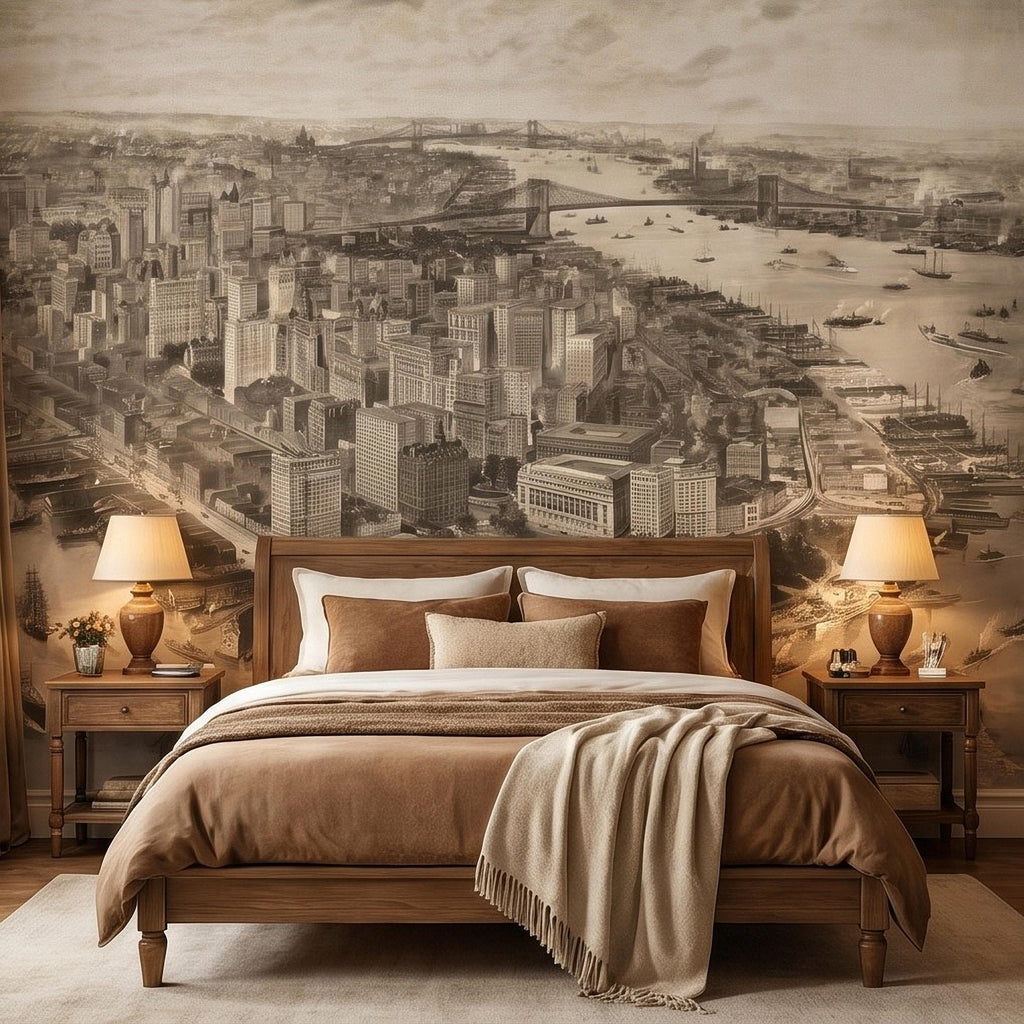 1903 New York City Vintage Peel and Stick Wall Mural, Antique Manhattan Bird's Eye View Engraving Wallpaper