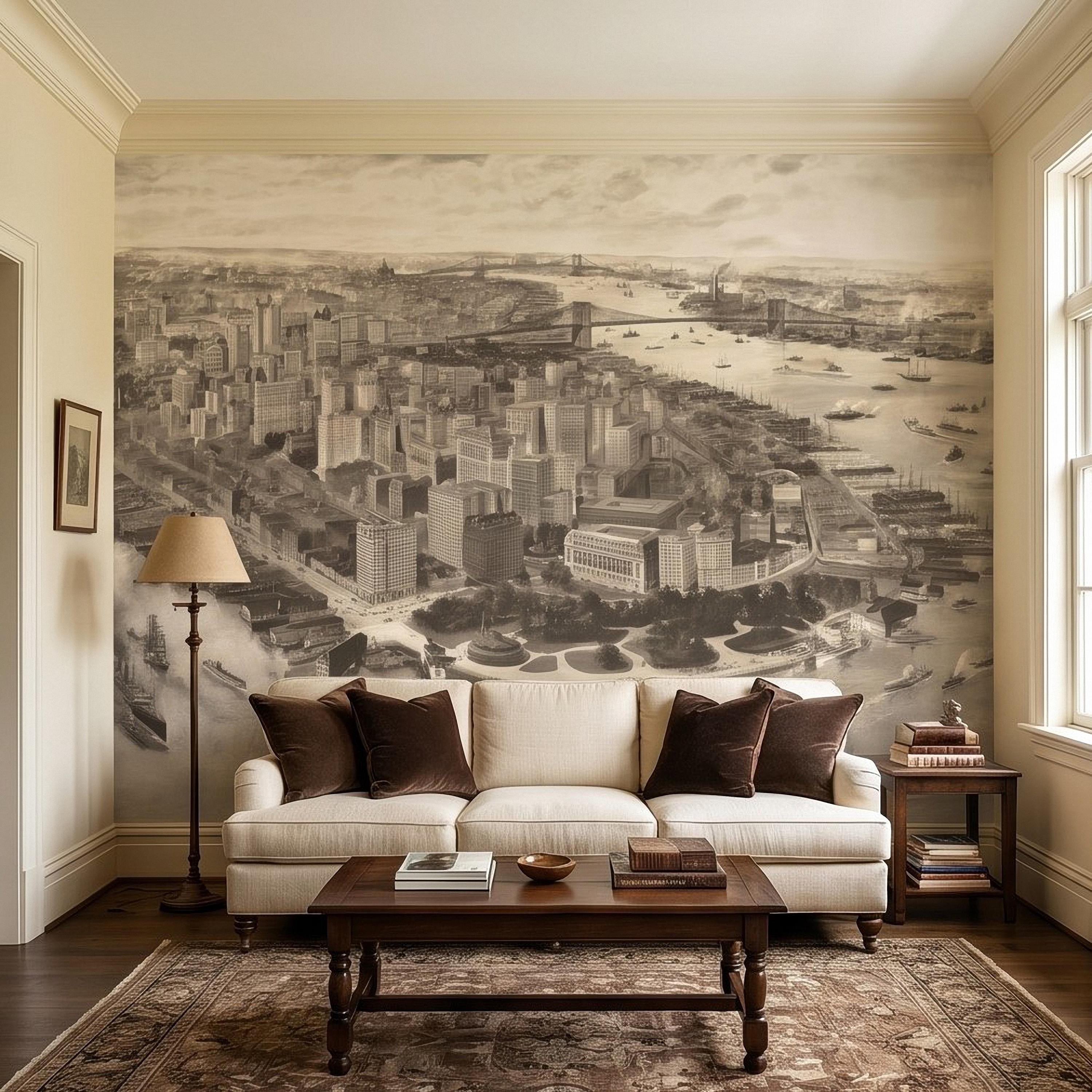 1903 New York City Vintage Peel and Stick Wall Mural, Antique Manhattan Bird's Eye View Engraving Wallpaper