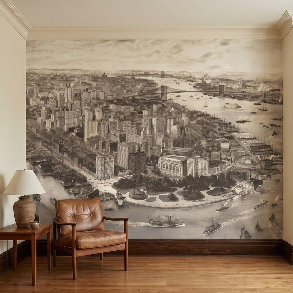 1903 New York City Vintage Peel and Stick Wall Mural, Antique Manhattan Bird's Eye View Engraving Wallpaper