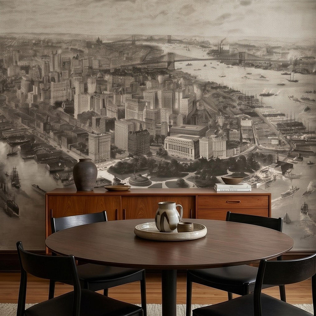 1903 New York City Vintage Peel and Stick Wall Mural, Antique Manhattan Bird's Eye View Engraving Wallpaper