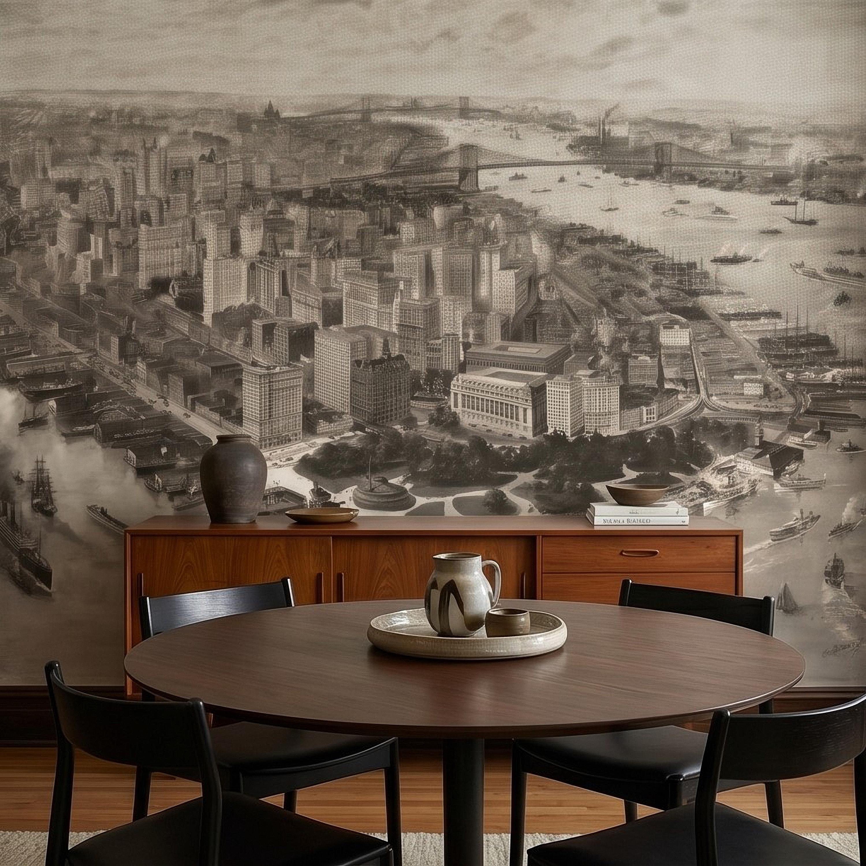 1903 New York City Vintage Peel and Stick Wall Mural, Antique Manhattan Bird's Eye View Engraving Wallpaper