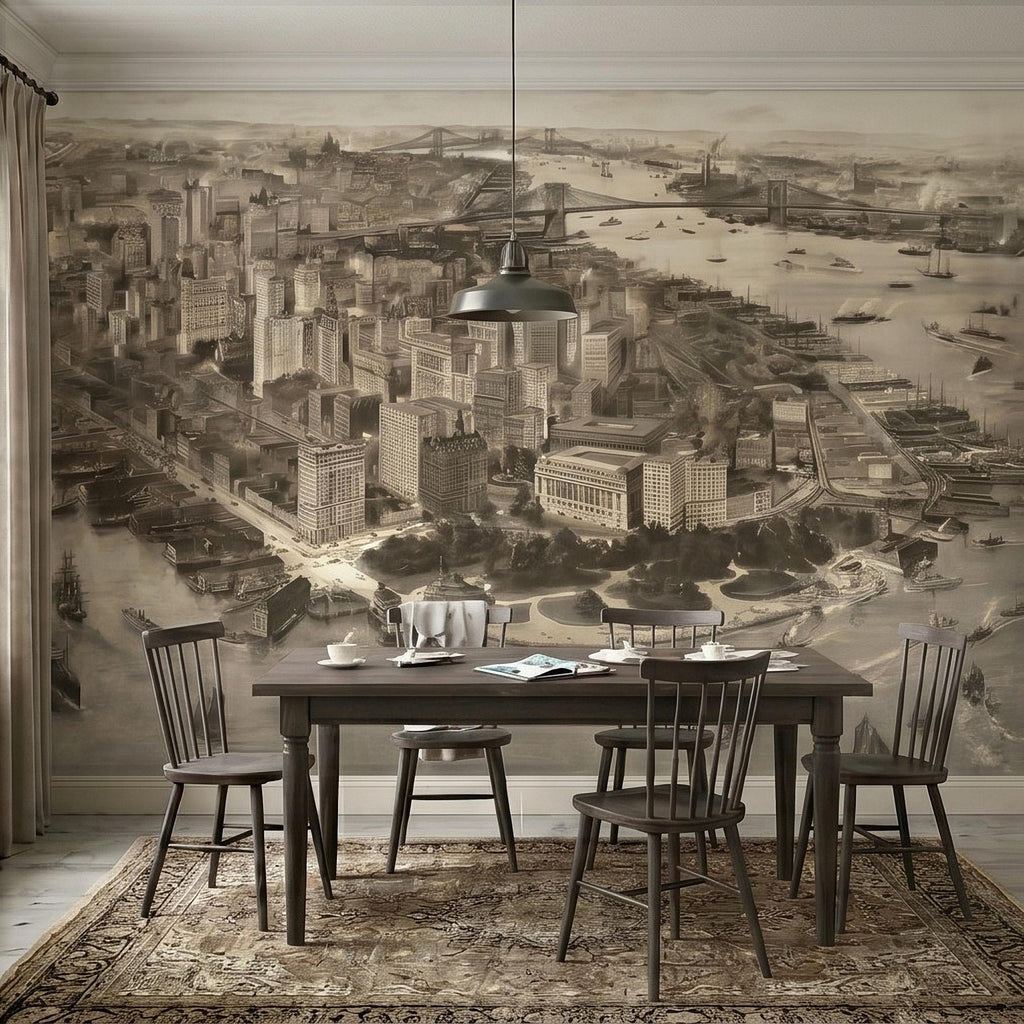 1903 New York City Vintage Peel and Stick Wall Mural, Antique Manhattan Bird's Eye View Engraving Wallpaper