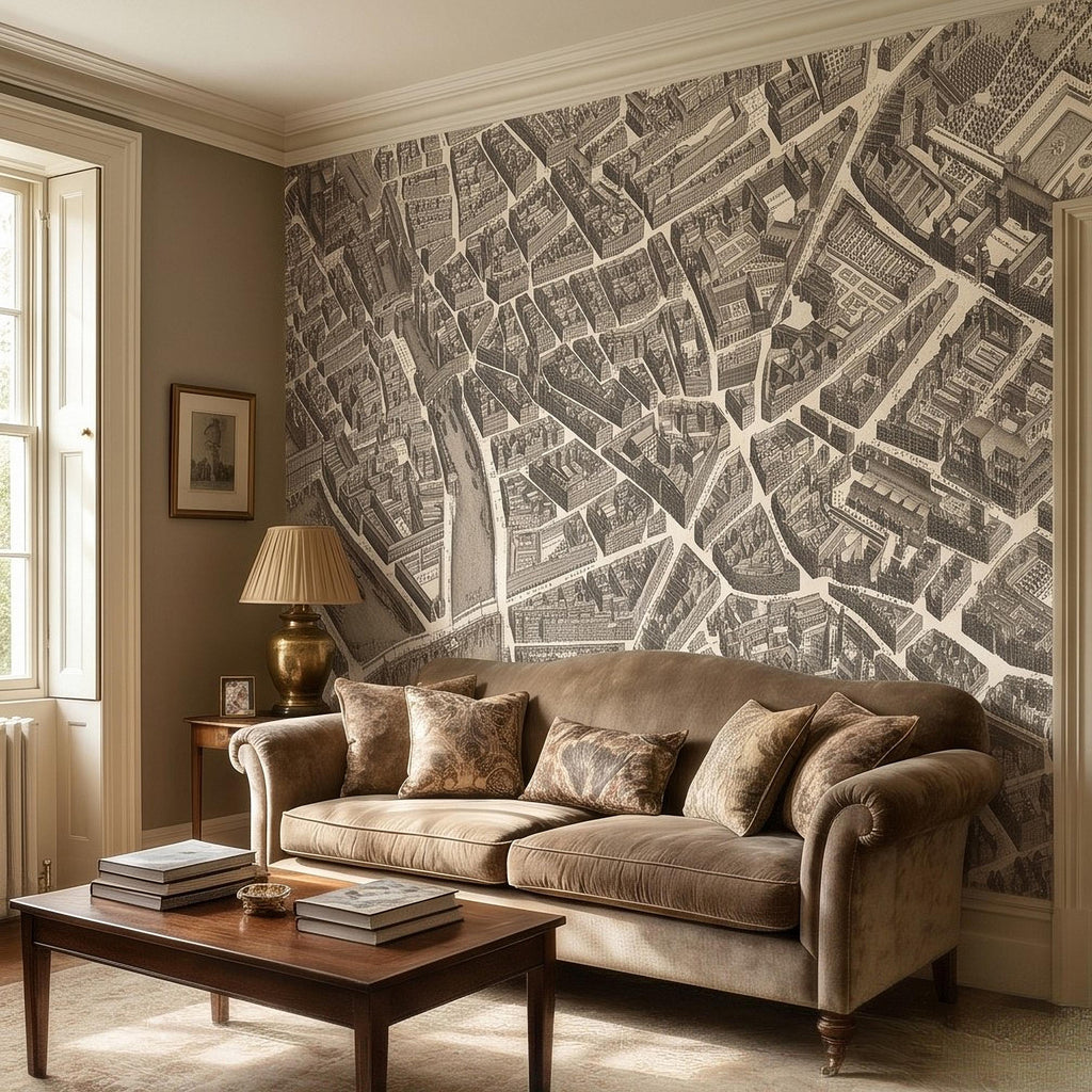 Vintage Paris Map Peel and Stick Wall Mural, Antique France Bird's Eye View Seine River & Notre Dame Wallpaper