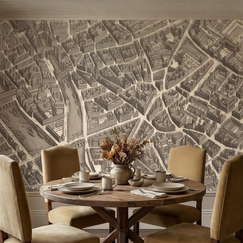 Vintage Paris Map Peel and Stick Wall Mural, Antique France Bird's Eye View Seine River & Notre Dame Wallpaper