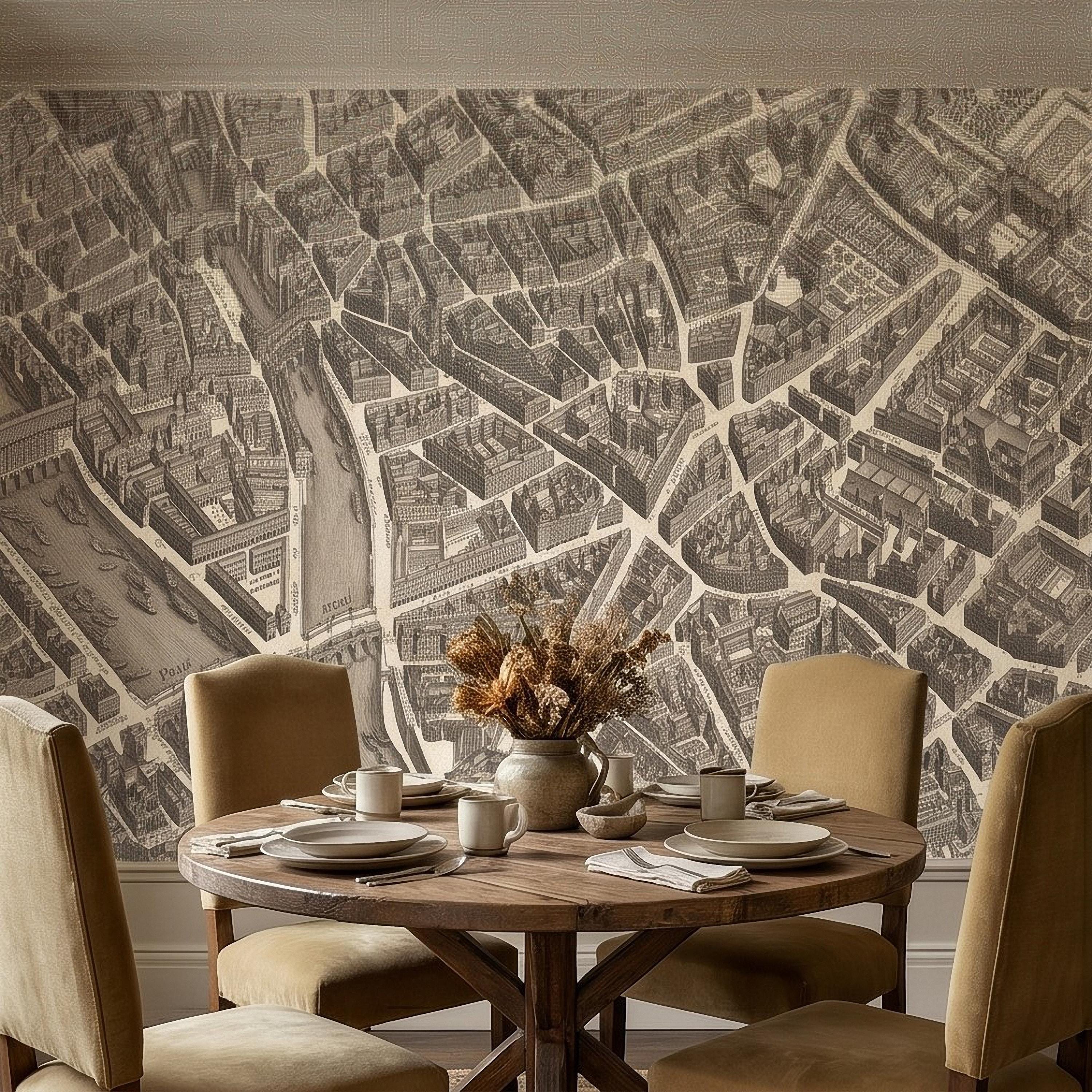 Vintage Paris Map Peel and Stick Wall Mural, Antique France Bird's Eye View Seine River & Notre Dame Wallpaper