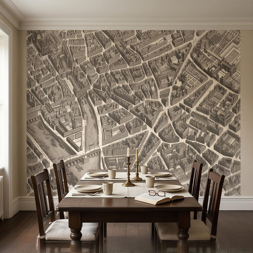Vintage Paris Map Peel and Stick Wall Mural, Antique France Bird's Eye View Seine River & Notre Dame Wallpaper