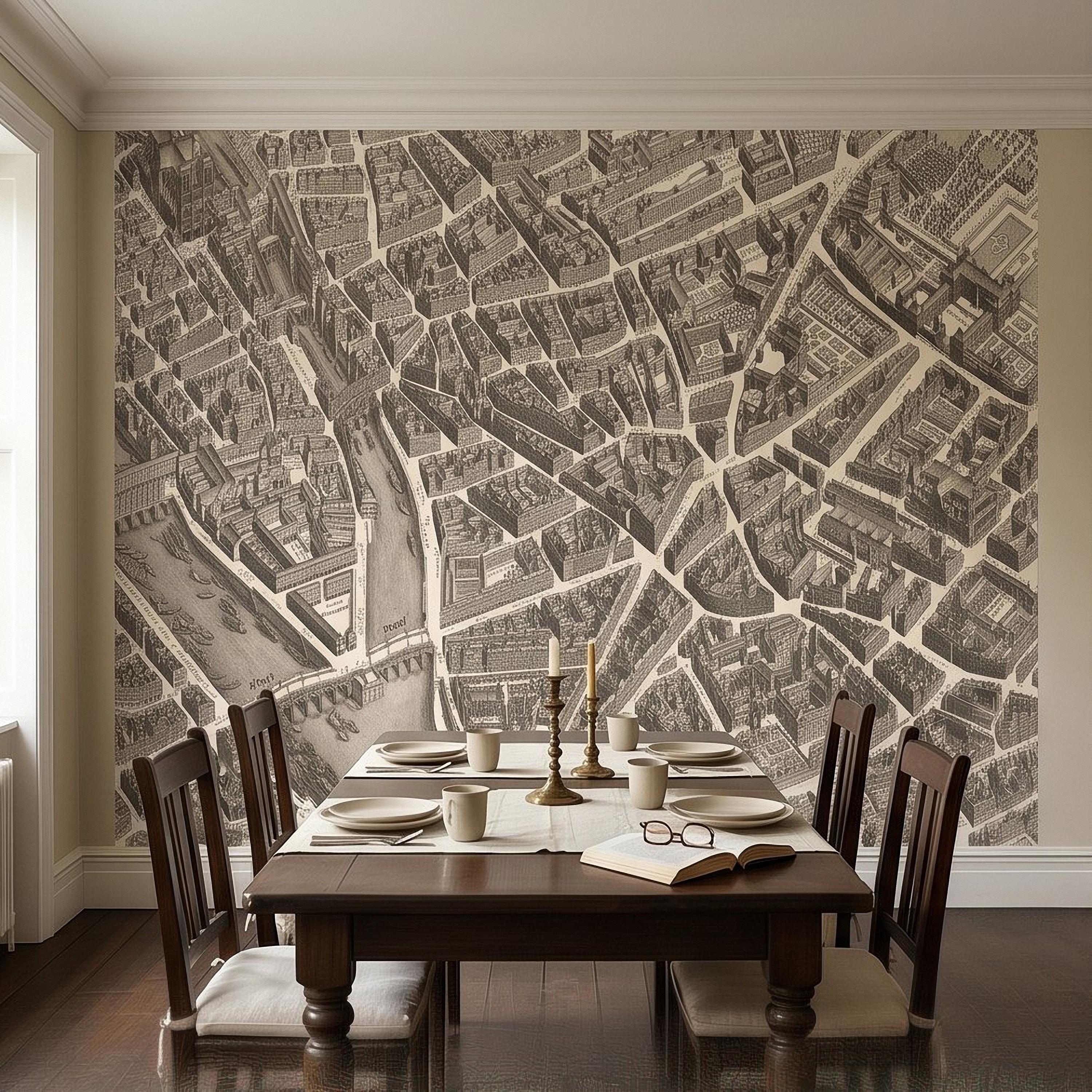 Vintage Paris Map Peel and Stick Wall Mural, Antique France Bird's Eye View Seine River & Notre Dame Wallpaper