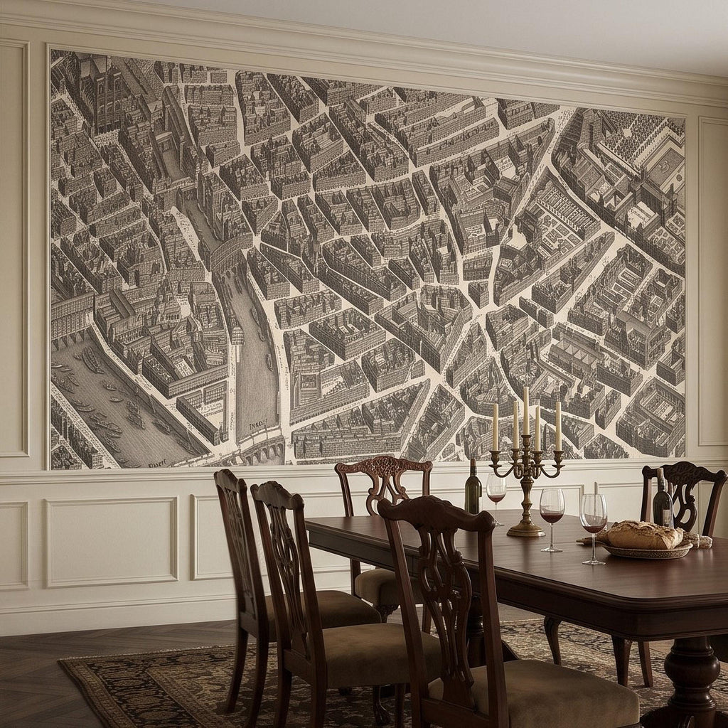 Vintage Paris Map Peel and Stick Wall Mural, Antique France Bird's Eye View Seine River & Notre Dame Wallpaper