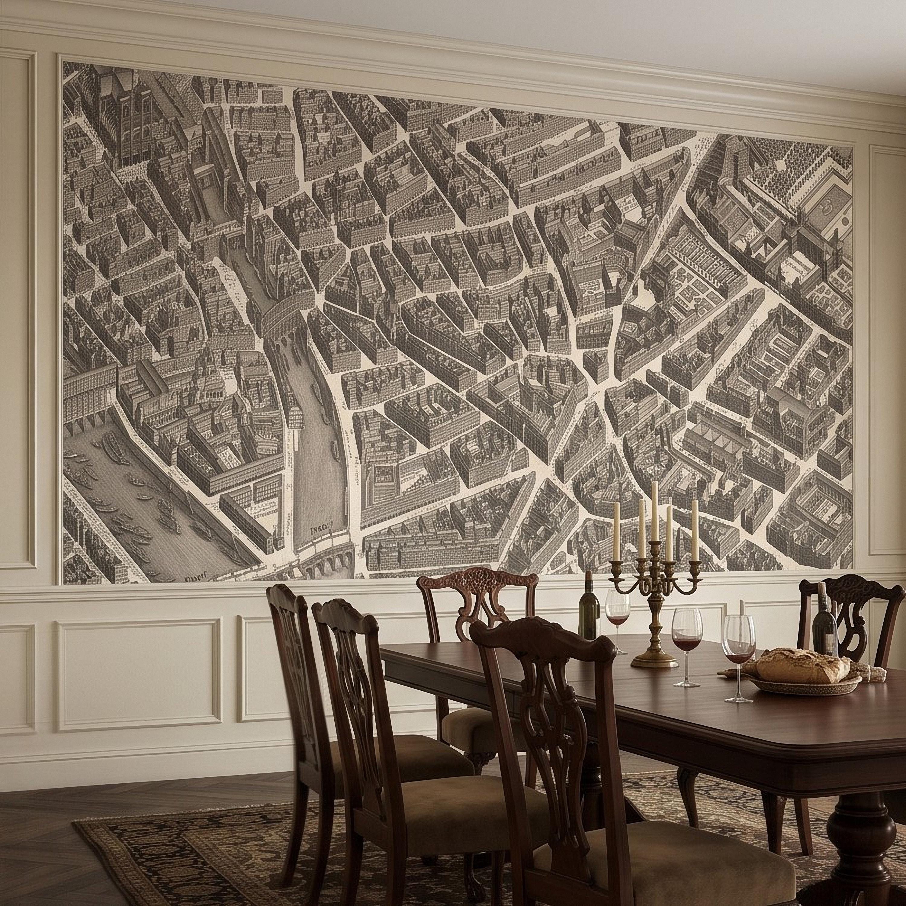 Vintage Paris Map Peel and Stick Wall Mural, Antique France Bird's Eye View Seine River & Notre Dame Wallpaper
