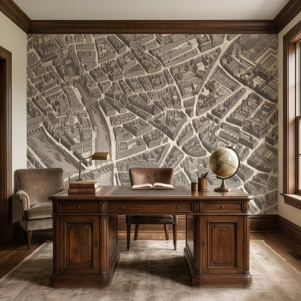 Vintage Paris Map Peel and Stick Wall Mural, Antique France Bird's Eye View Seine River & Notre Dame Wallpaper