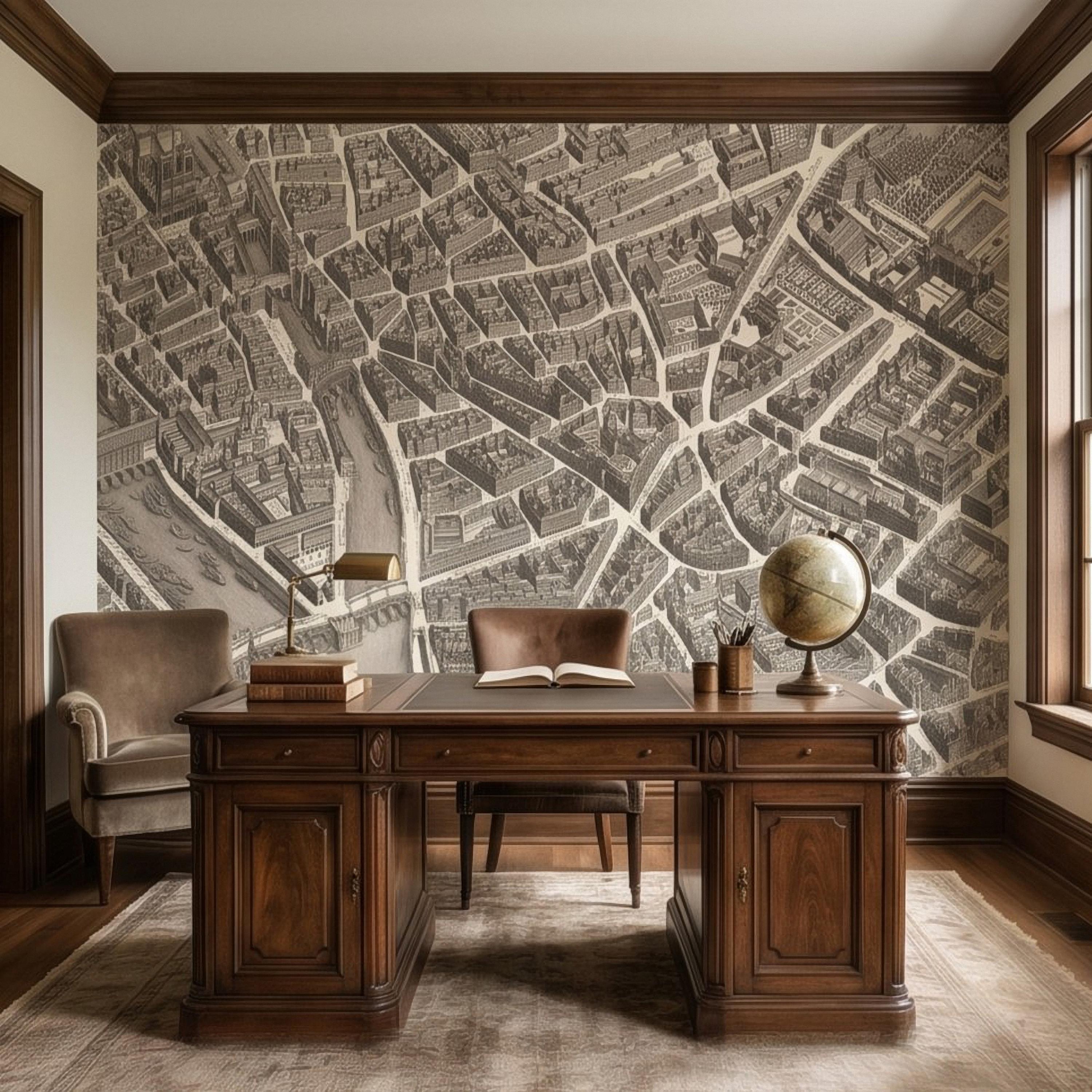 Vintage Paris Map Peel and Stick Wall Mural, Antique France Bird's Eye View Seine River & Notre Dame Wallpaper