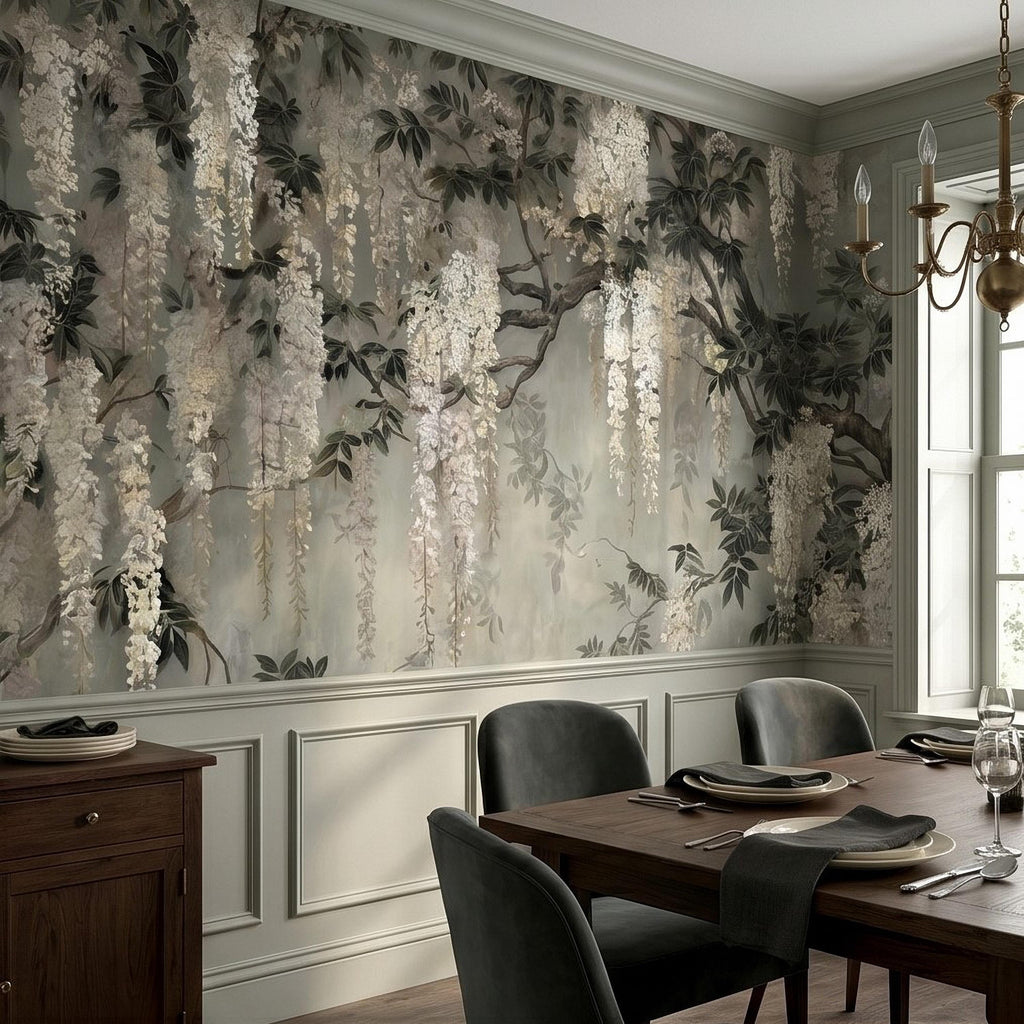 Vintage White Wisteria Peel and Stick Wall Mural, Cascading Floral Vine Branches, Botanical Garden Scene Elegant Wallpaper