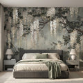 Vintage White Wisteria Peel and Stick Wall Mural, Cascading Floral Vine Branches, Botanical Garden Scene Elegant Wallpaper