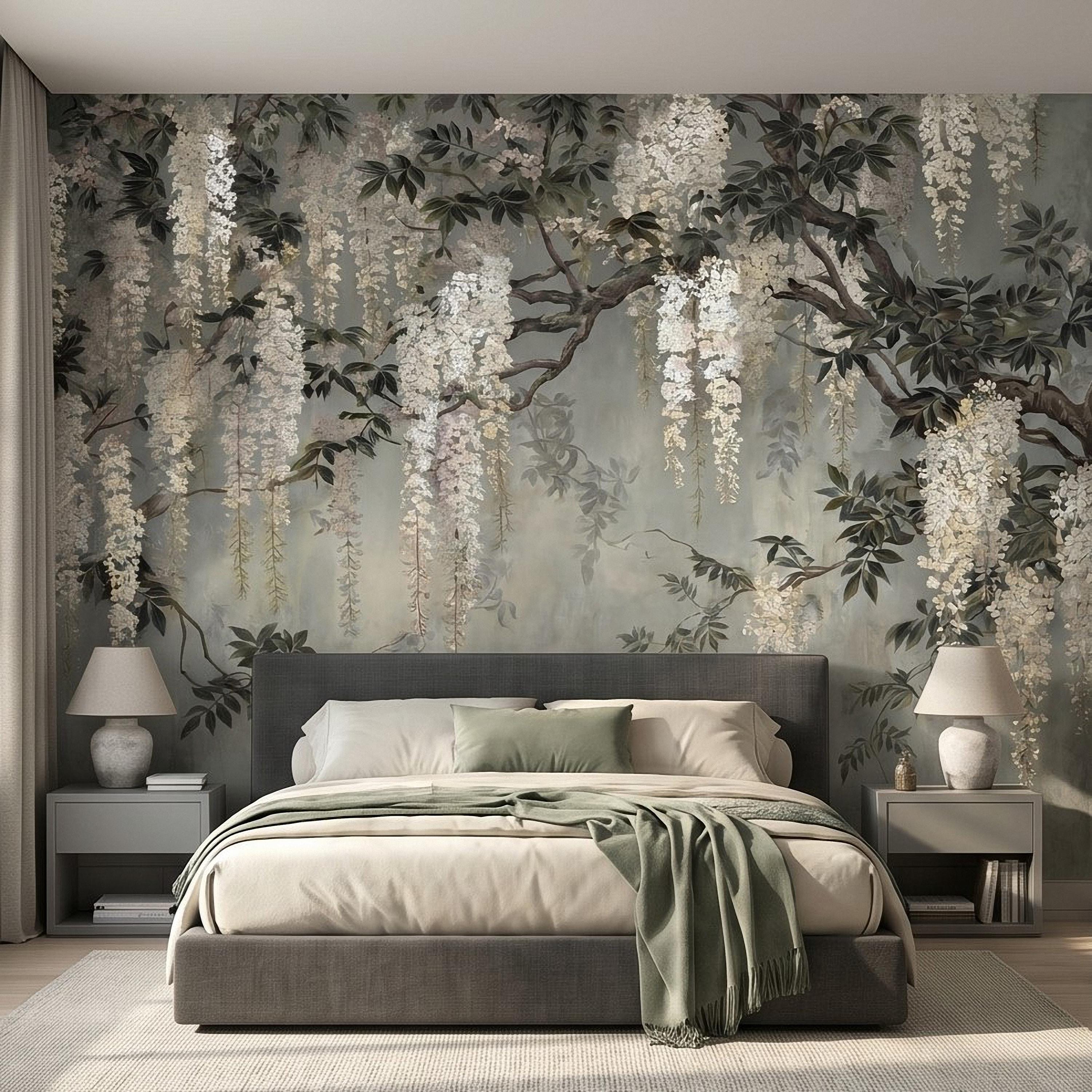 Vintage White Wisteria Peel and Stick Wall Mural, Cascading Floral Vine Branches, Botanical Garden Scene Elegant Wallpaper