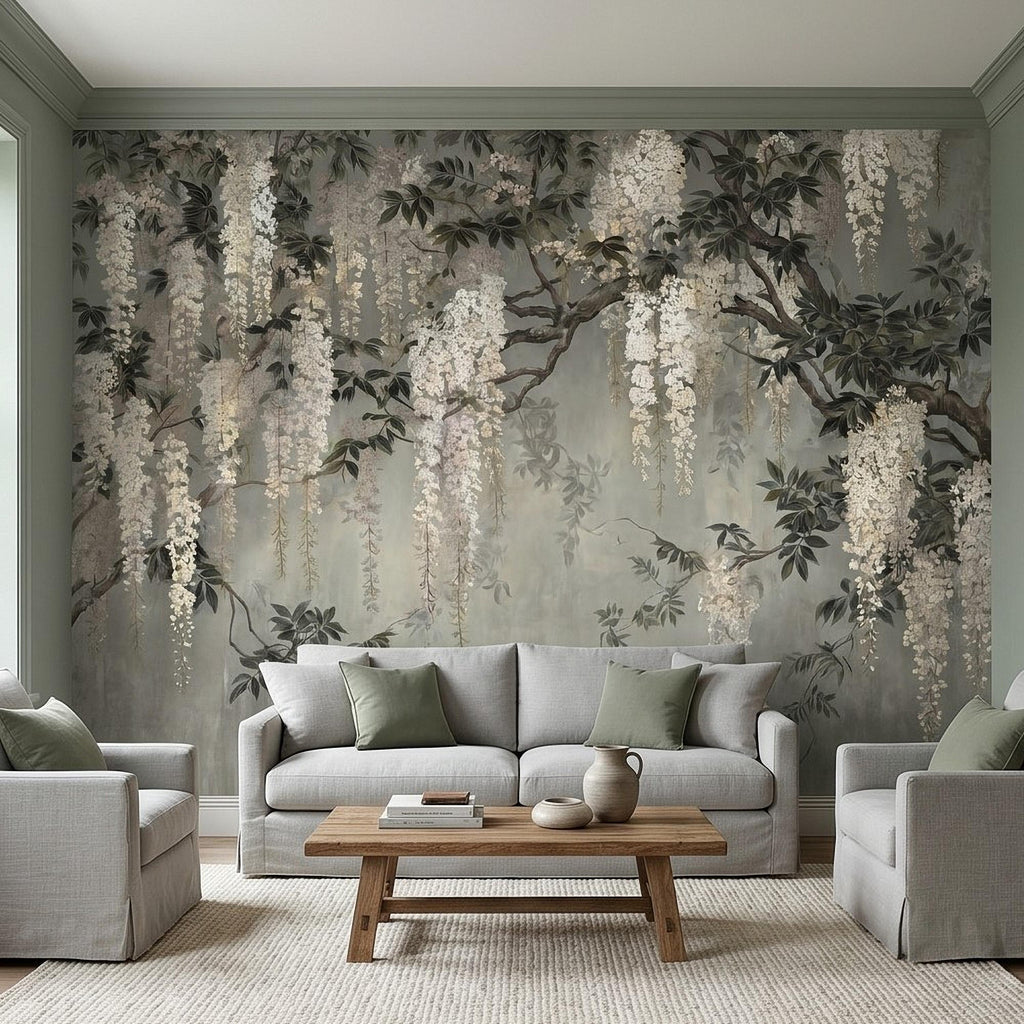 Vintage White Wisteria Peel and Stick Wall Mural, Cascading Floral Vine Branches, Botanical Garden Scene Elegant Wallpaper