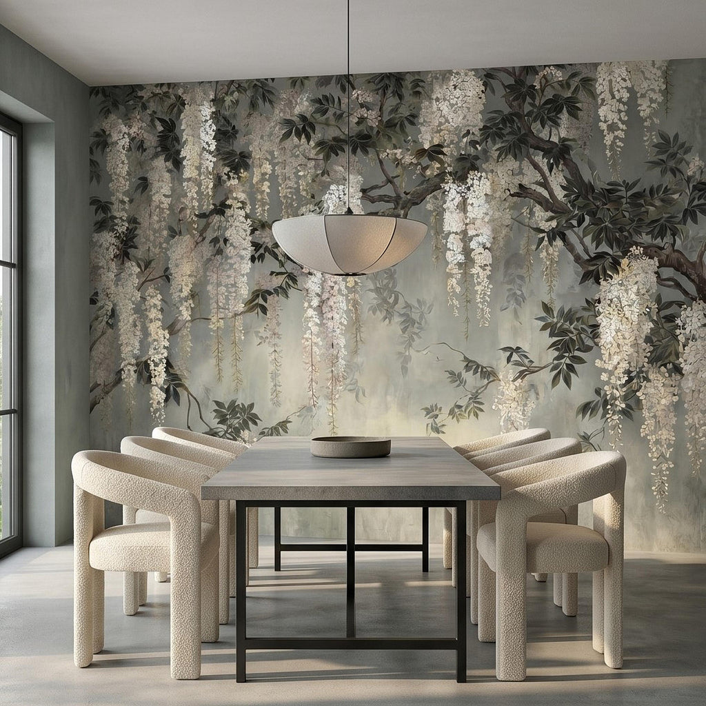 Vintage White Wisteria Peel and Stick Wall Mural, Cascading Floral Vine Branches, Botanical Garden Scene Elegant Wallpaper