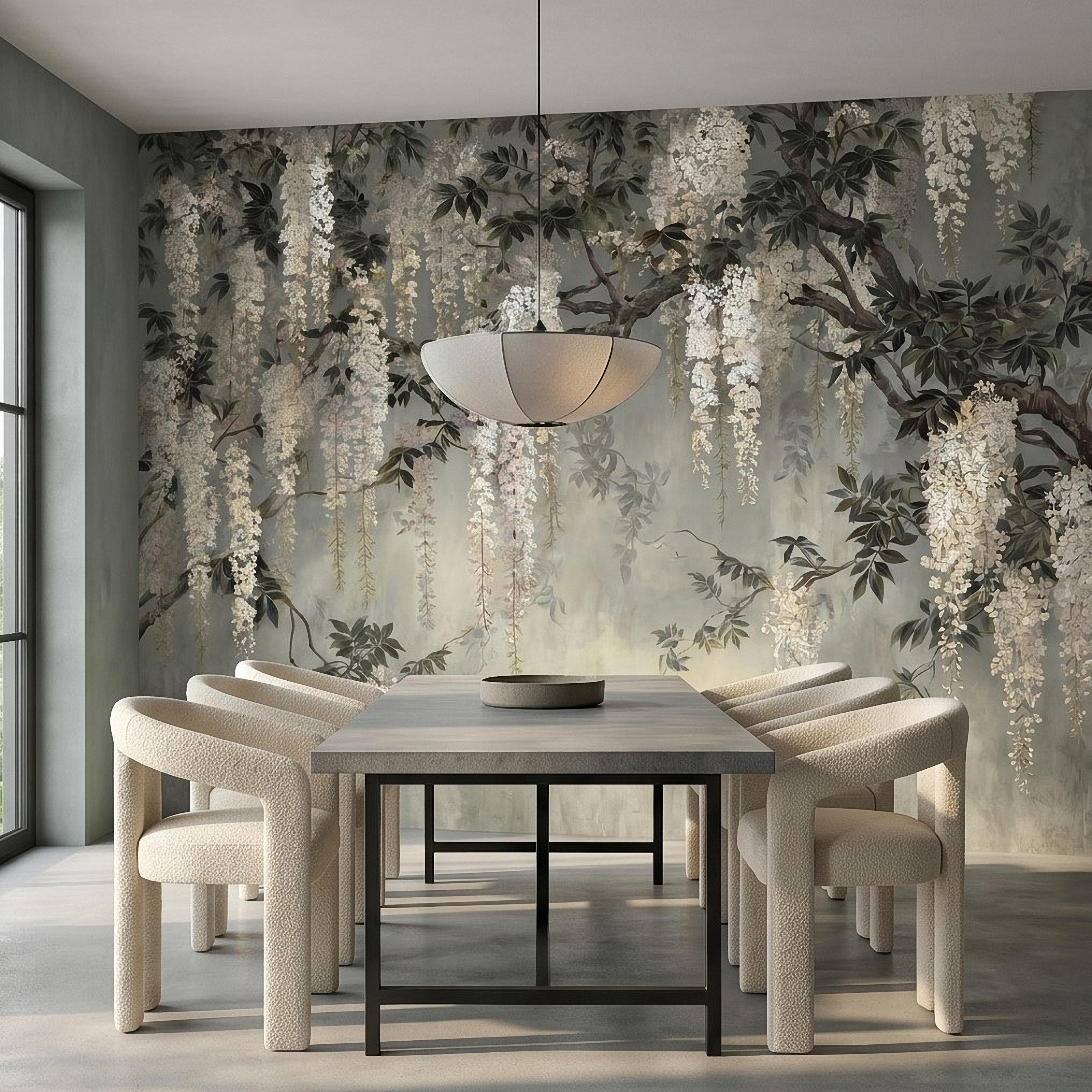 Vintage White Wisteria Peel and Stick Wall Mural, Cascading Floral Vine Branches, Botanical Garden Scene Elegant Wallpaper