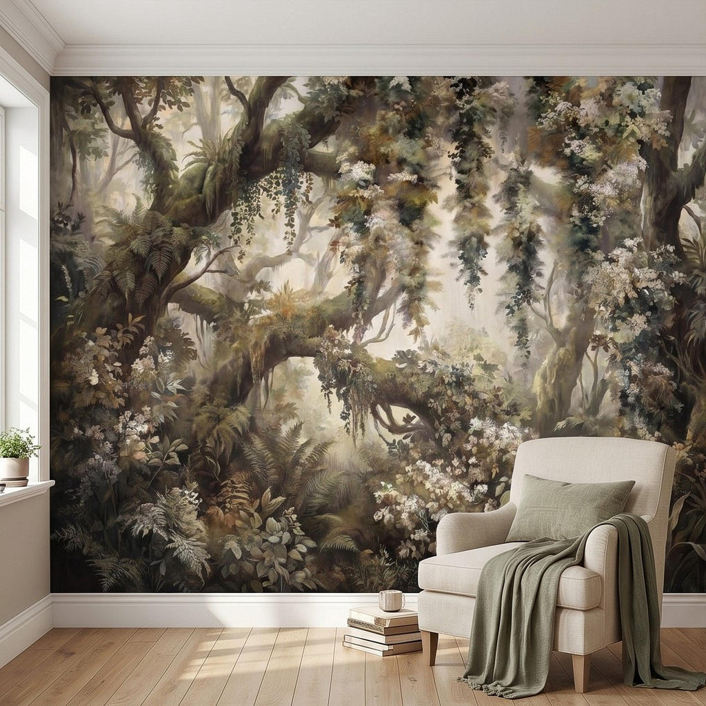 Vintage Forest Peel and Stick Wall Mural, Enchanted Woodland Landscape, Mossy Trees and Wildflowers Botanical Nature Wallpaper