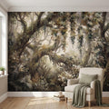 Vintage Forest Peel and Stick Wall Mural, Enchanted Woodland Landscape, Mossy Trees and Wildflowers Botanical Nature Wallpaper