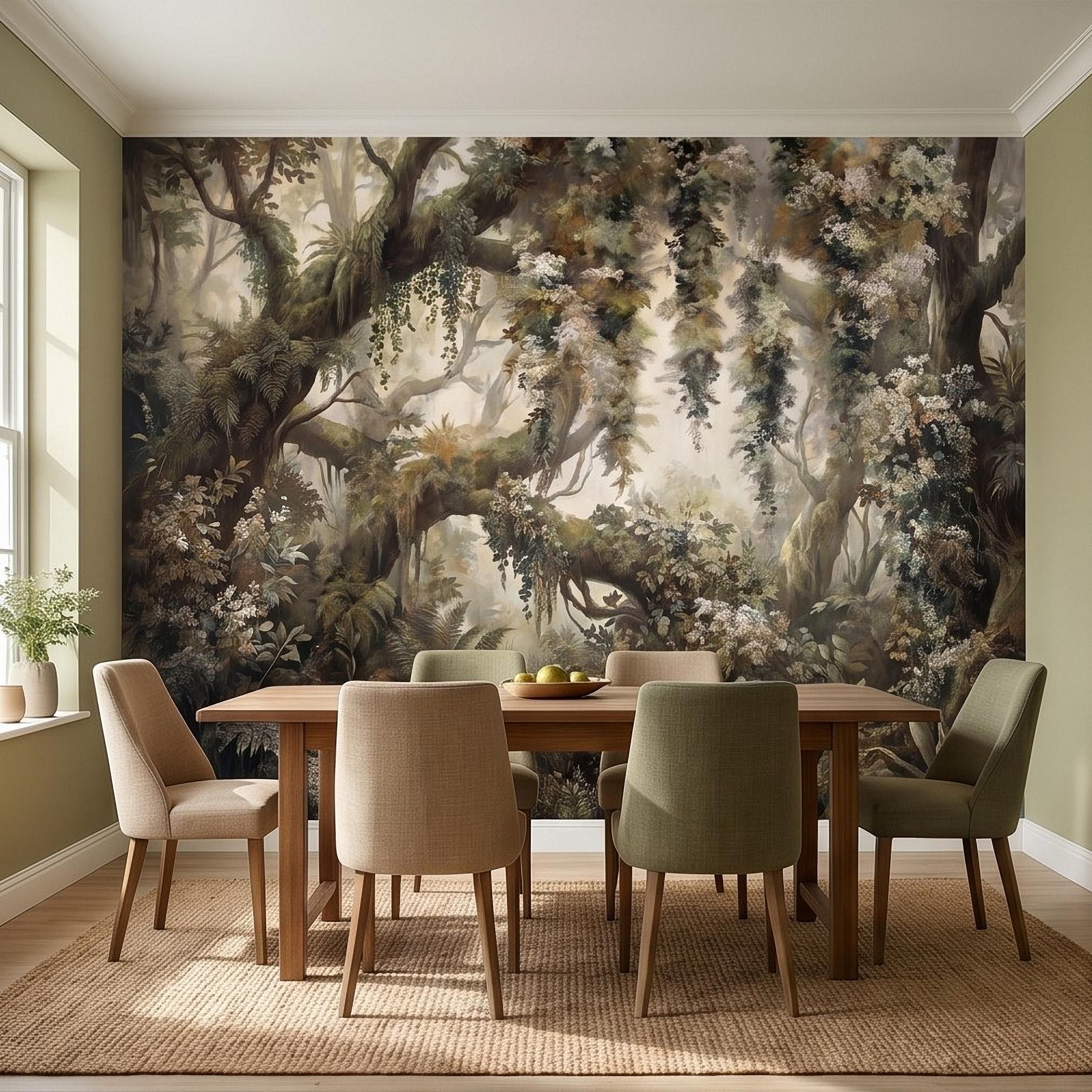 Vintage Forest Peel and Stick Wall Mural, Enchanted Woodland Landscape, Mossy Trees and Wildflowers Botanical Nature Wallpaper